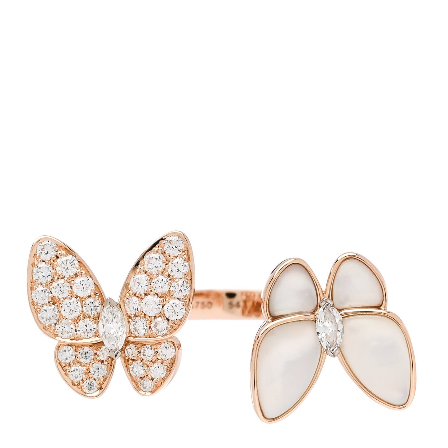 18K Rose Gold Diamond Mother of Pearl Two Butterfly Between The Finger Ring 54 7
