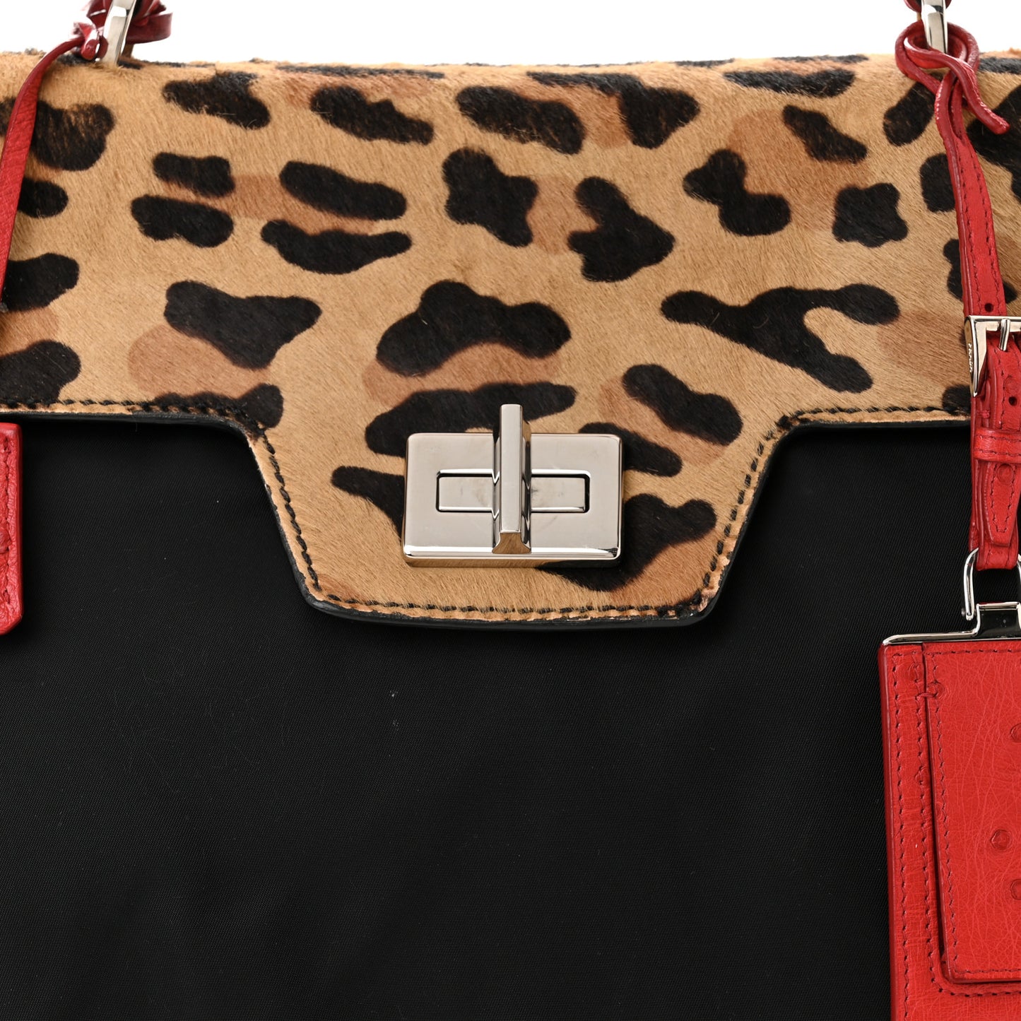 Tessuto Cavallino Ostrich Leopard Print Tote Black Miele Rosso