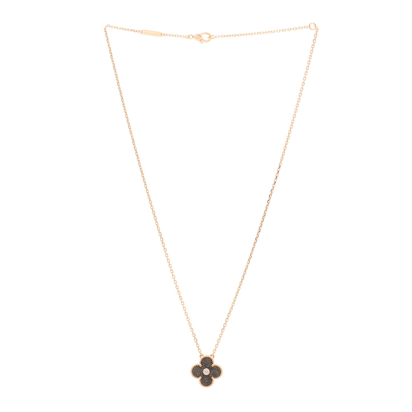 18K Rose Gold Diamond Silver Obsidian Vintage Alhambra Pendant Necklace
