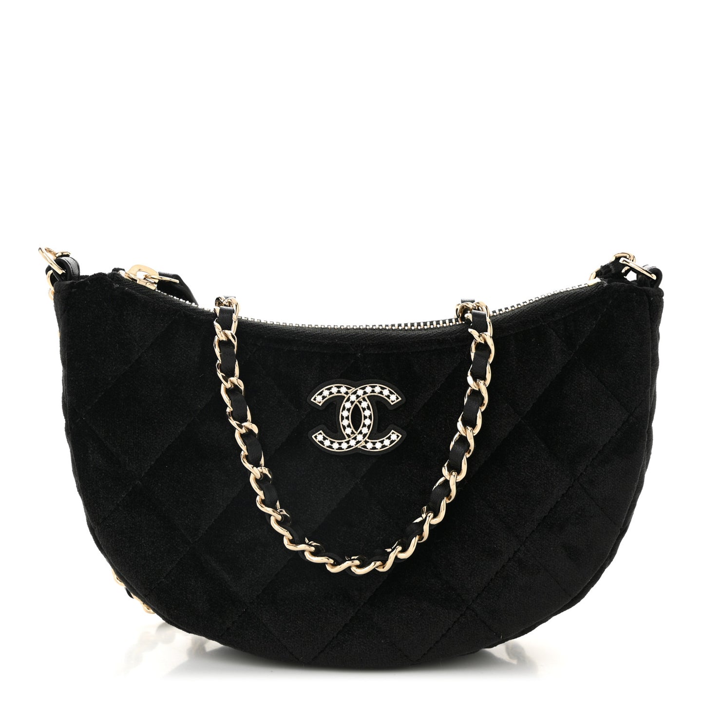 Velvet Crystal Quilted Chain Hobo Black