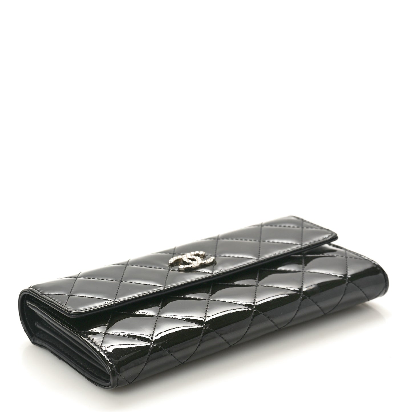 Patent Quilted Large Brilliant Flap Wallet Black