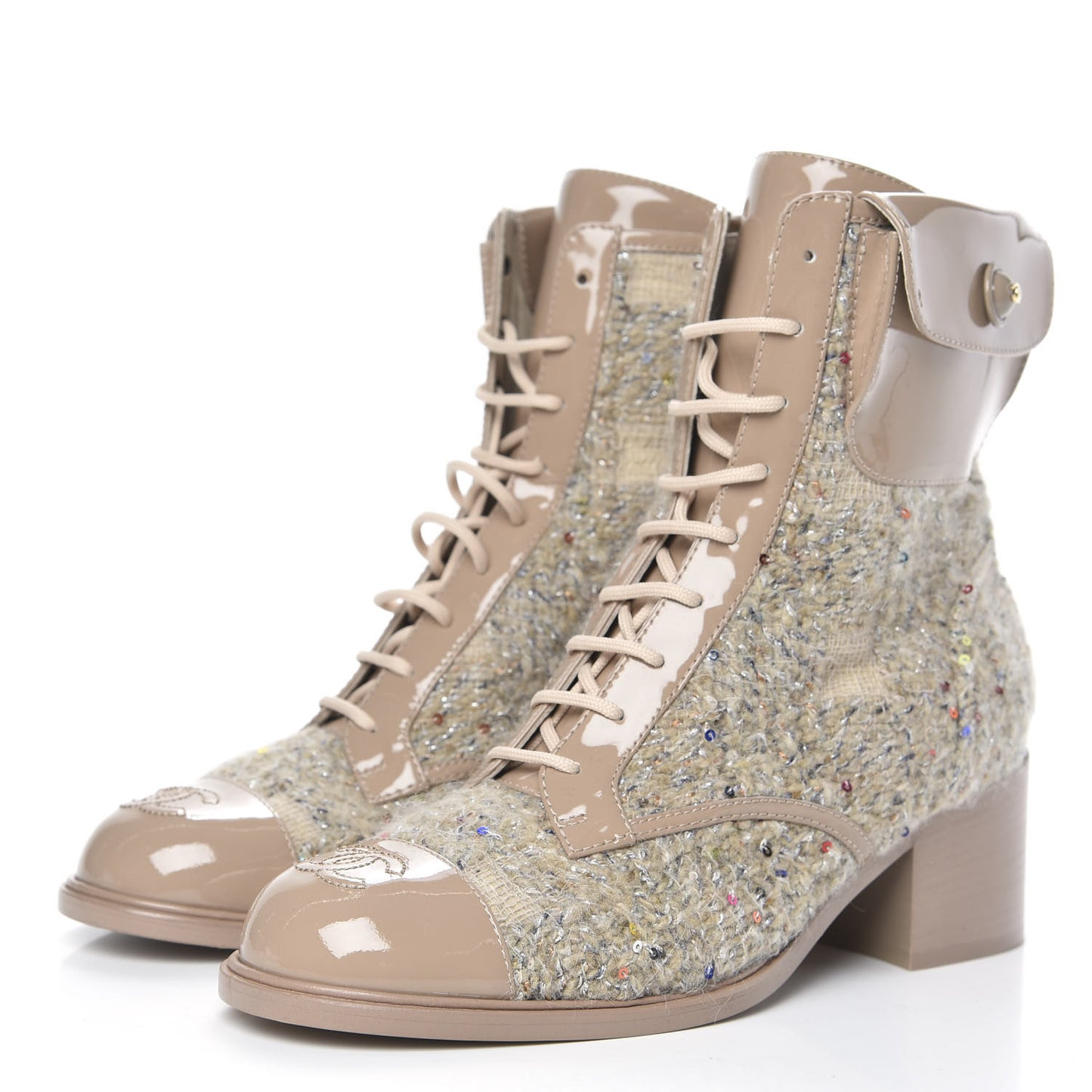Tweed Patent Calfskin Lace Up Short Boots 39 Beige Multicolor