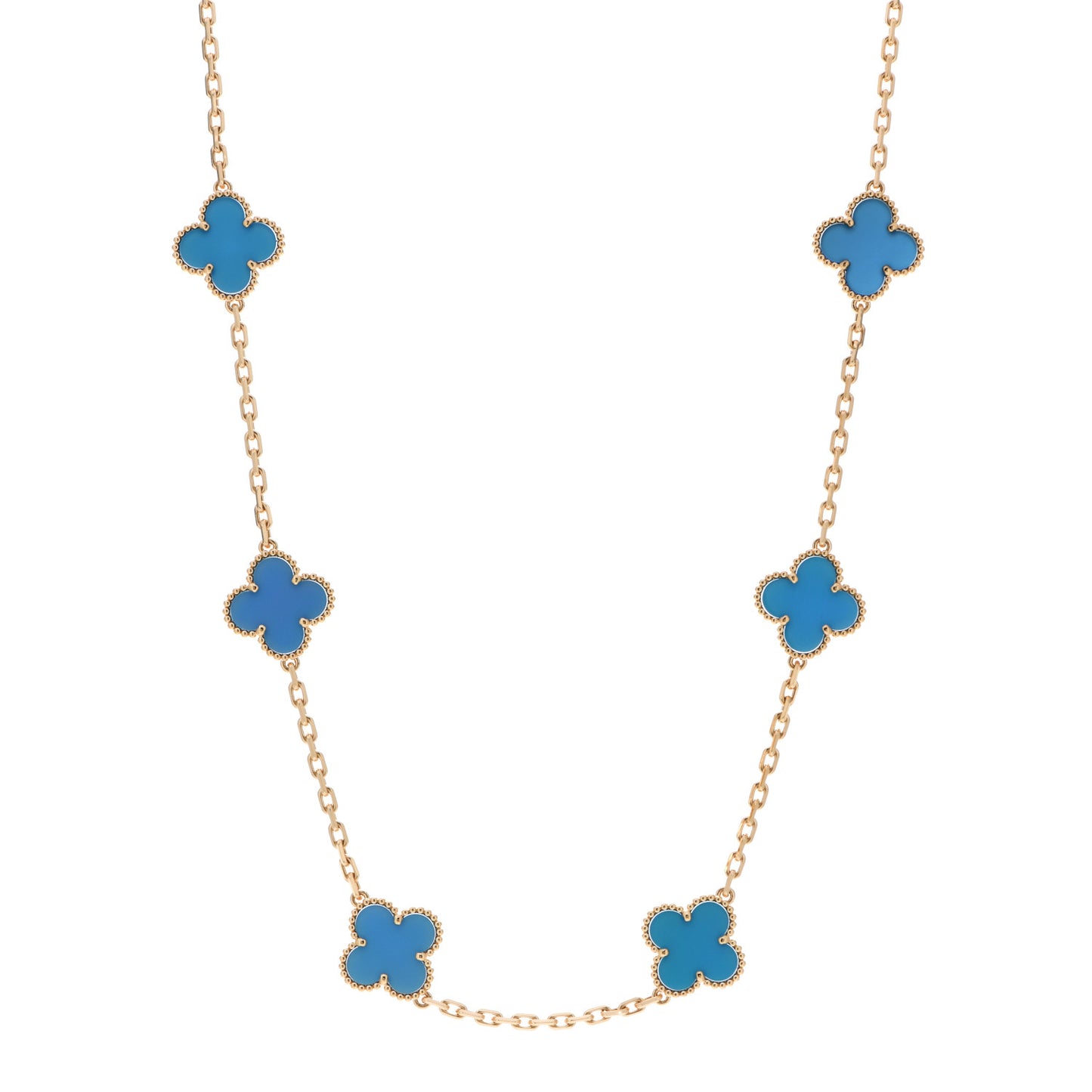 18K Yellow Gold Blue Agate 10 Motifs Vintage Alhambra Necklace