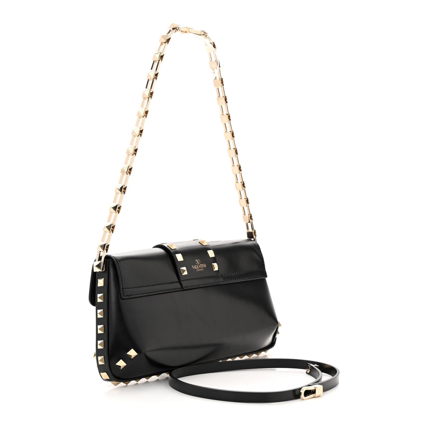Brushed Calfskin Rockstud Flip Lock Chain Shoulder Bag Black