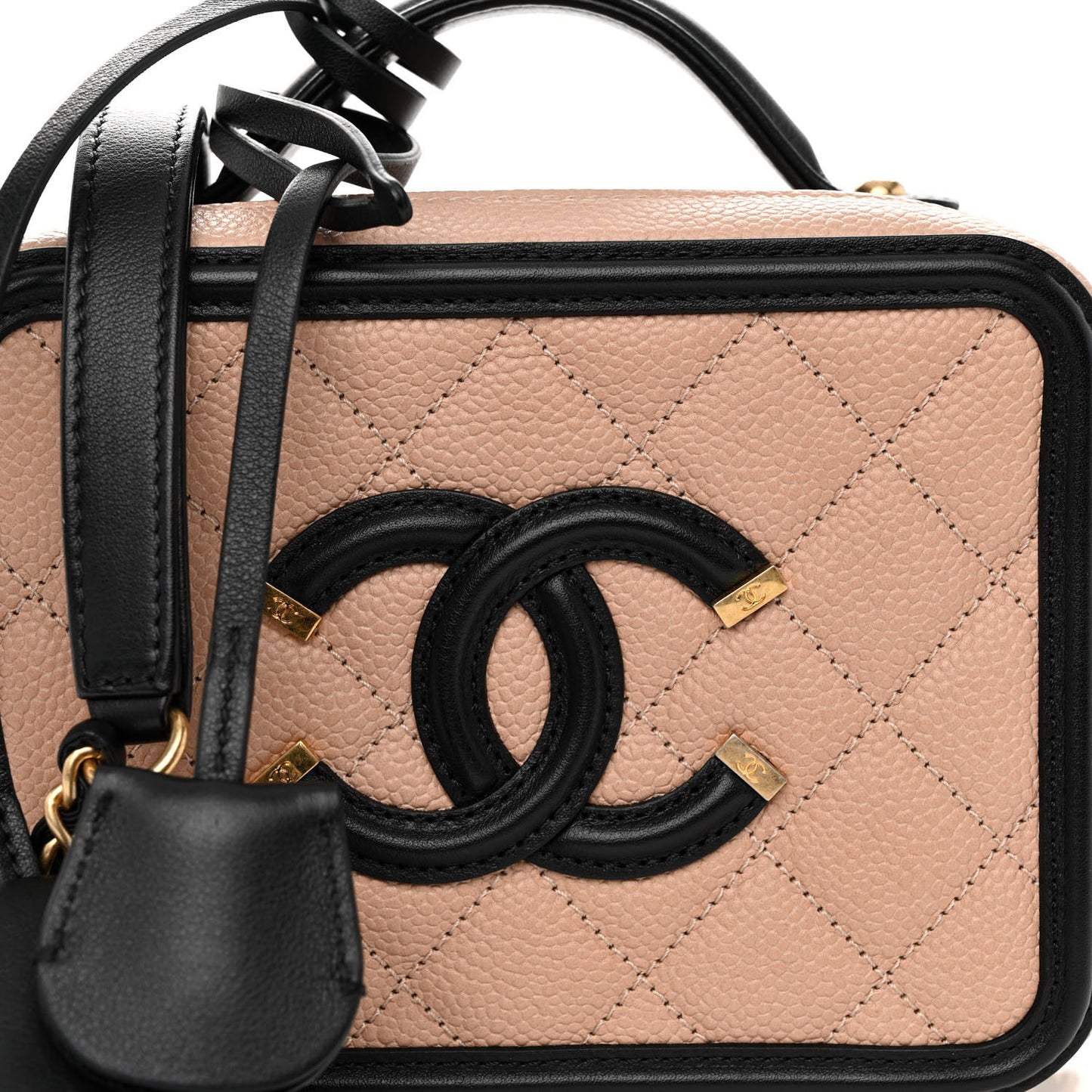 Caviar Quilted Small CC Filigree Vanity Case Beige Black