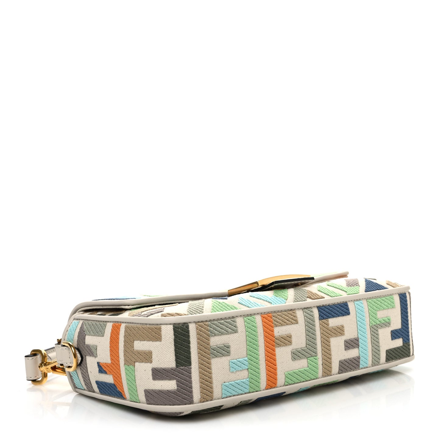 Canvas Vitello Seta FF Multicolor Embroidered Baguette Grezzo Multicolor Latte