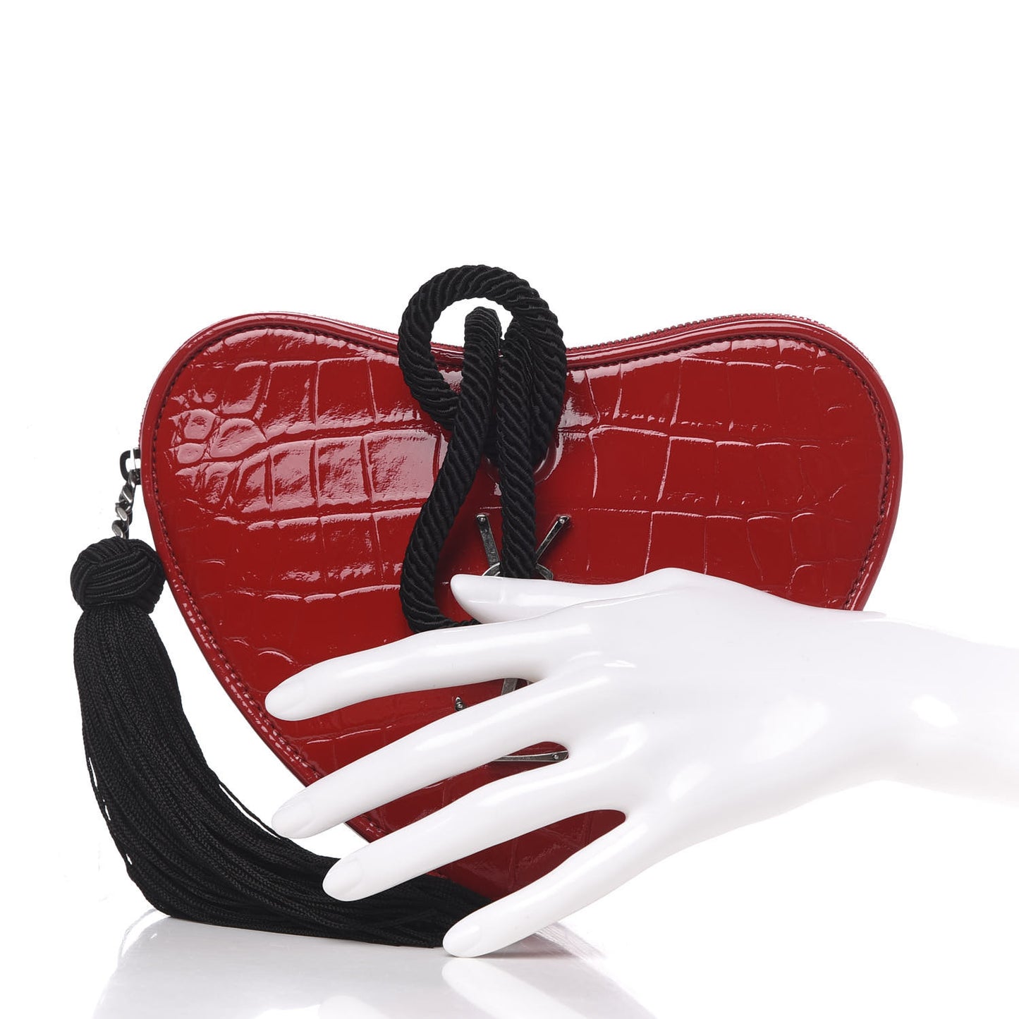 Patent Crocodile Embossed Sac Coeur Heart Shaped Clutch Red