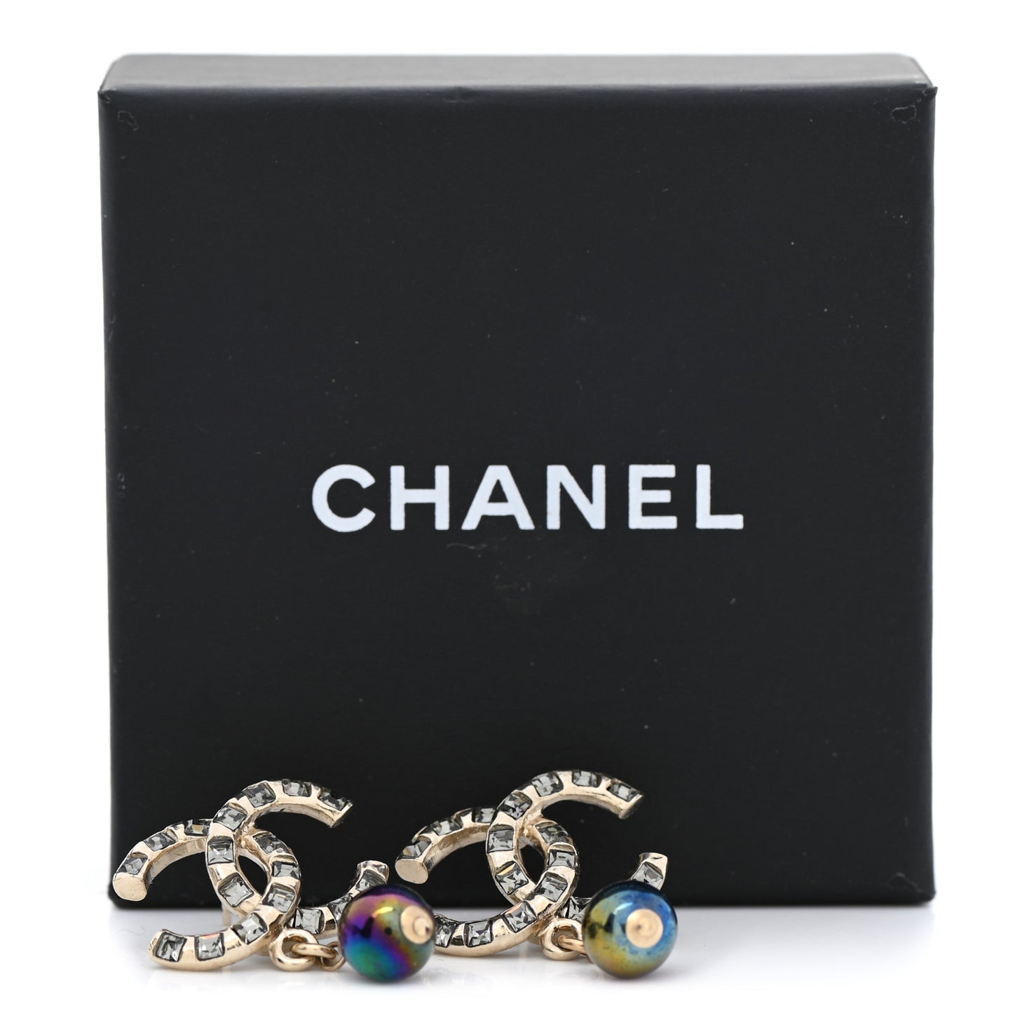 Metal Pearl Crystal CC Drop Earrings Gold Purple Gray