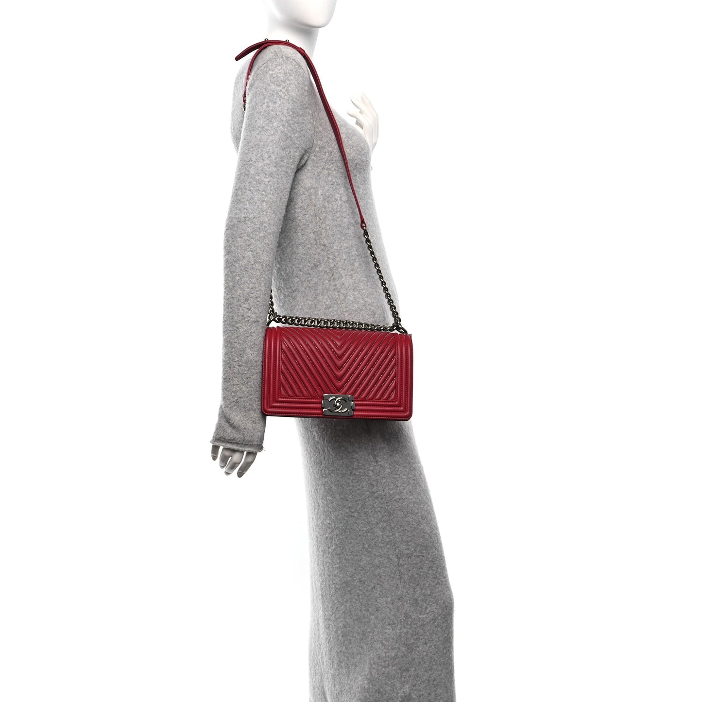 Lambskin Chevron Chain Stitched Medium Boy Flap Dark Red