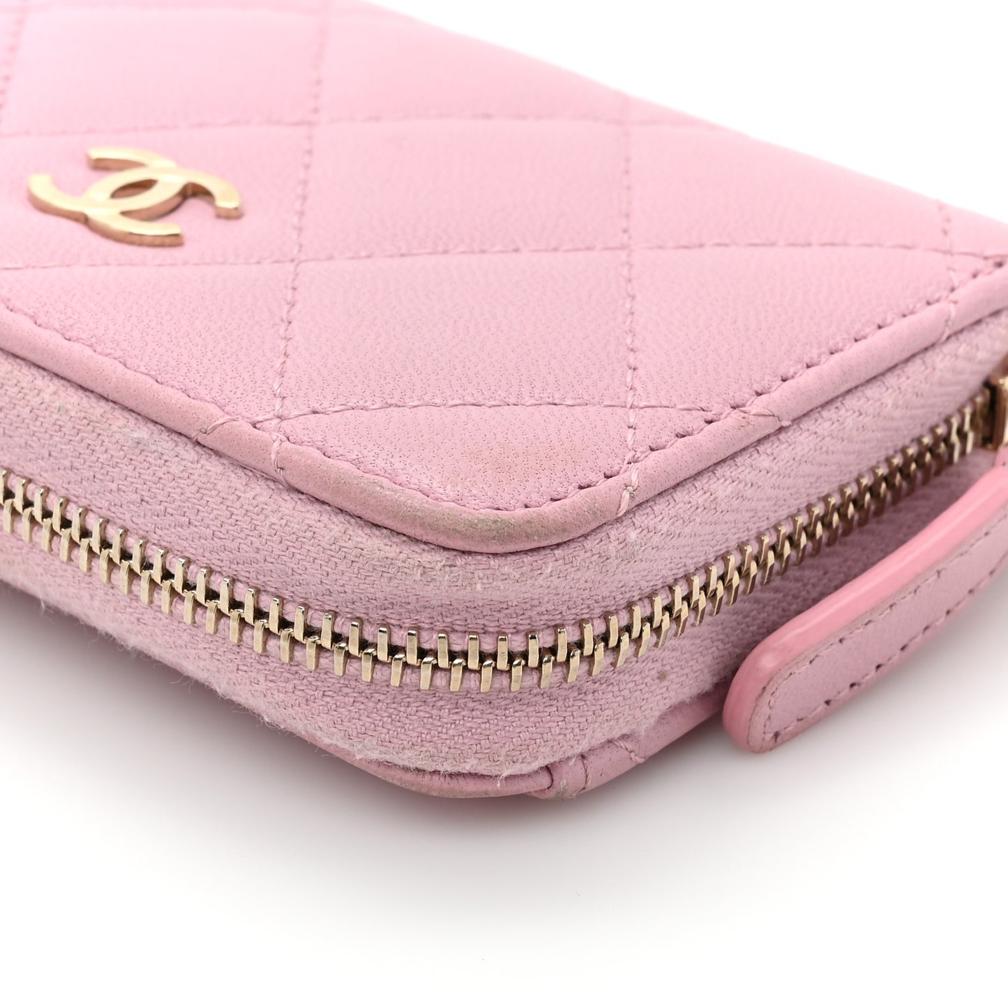 Iridescent Calfskin Quilted Zip Coin Purse Wallet Light Pink