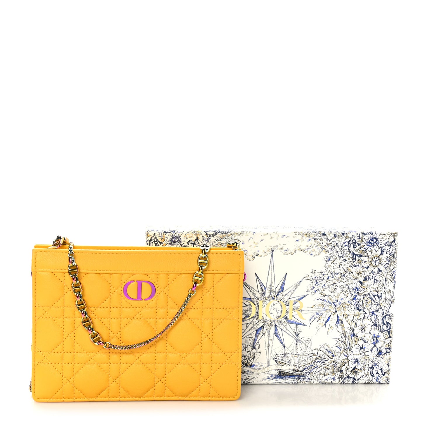 Calfskin Cannage Caro Zipped Pouch With Chain Sunny Yellow