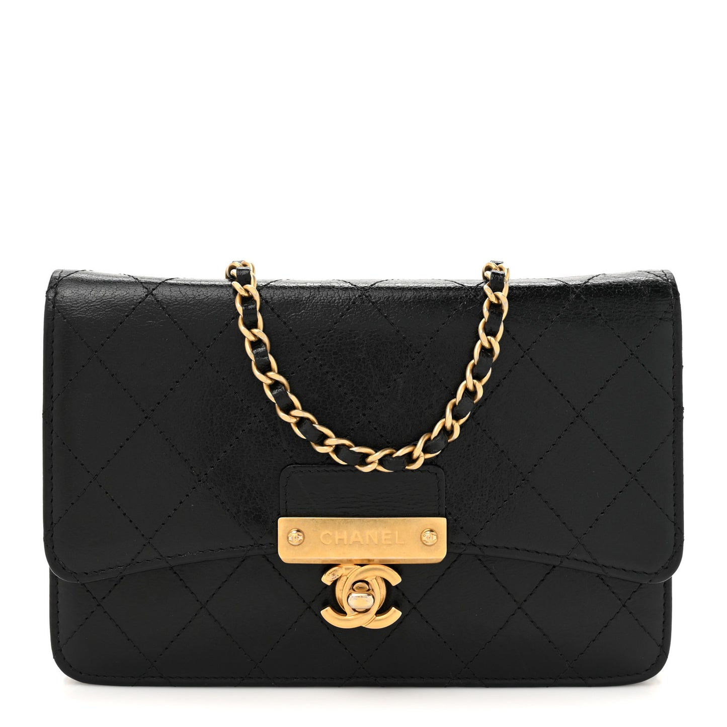 Goatskin Stitched Golden CC Wallet on Chain WOC Black
