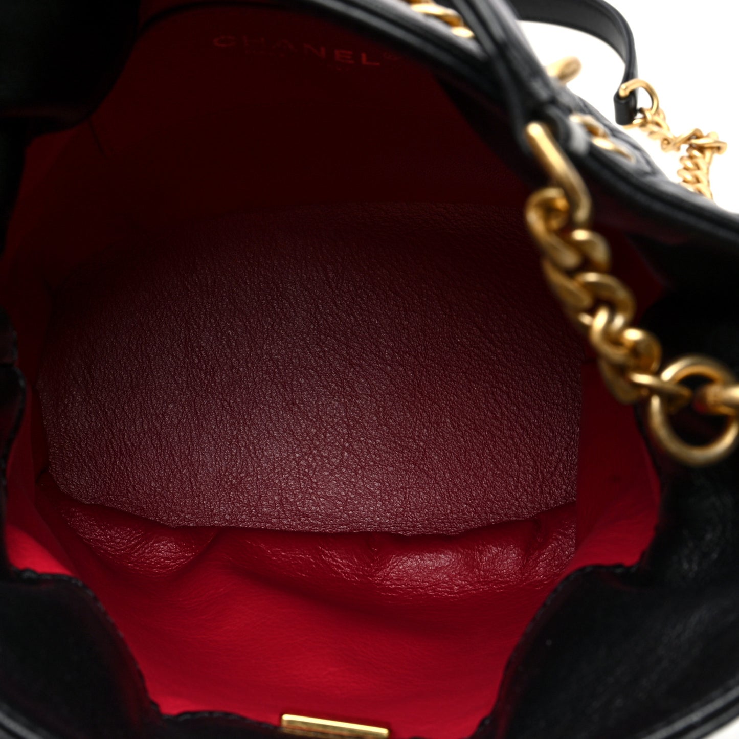 Lambskin Enamel Quilted Pending CC Bucket Drawstring Bag Black