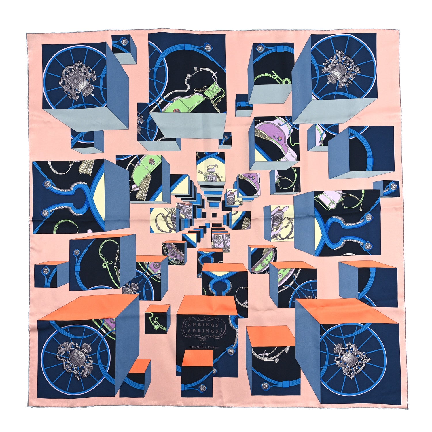 Hermes Silk Springs Springs Bague Scarf 90 Rose Poudre Bleu 1 of 3