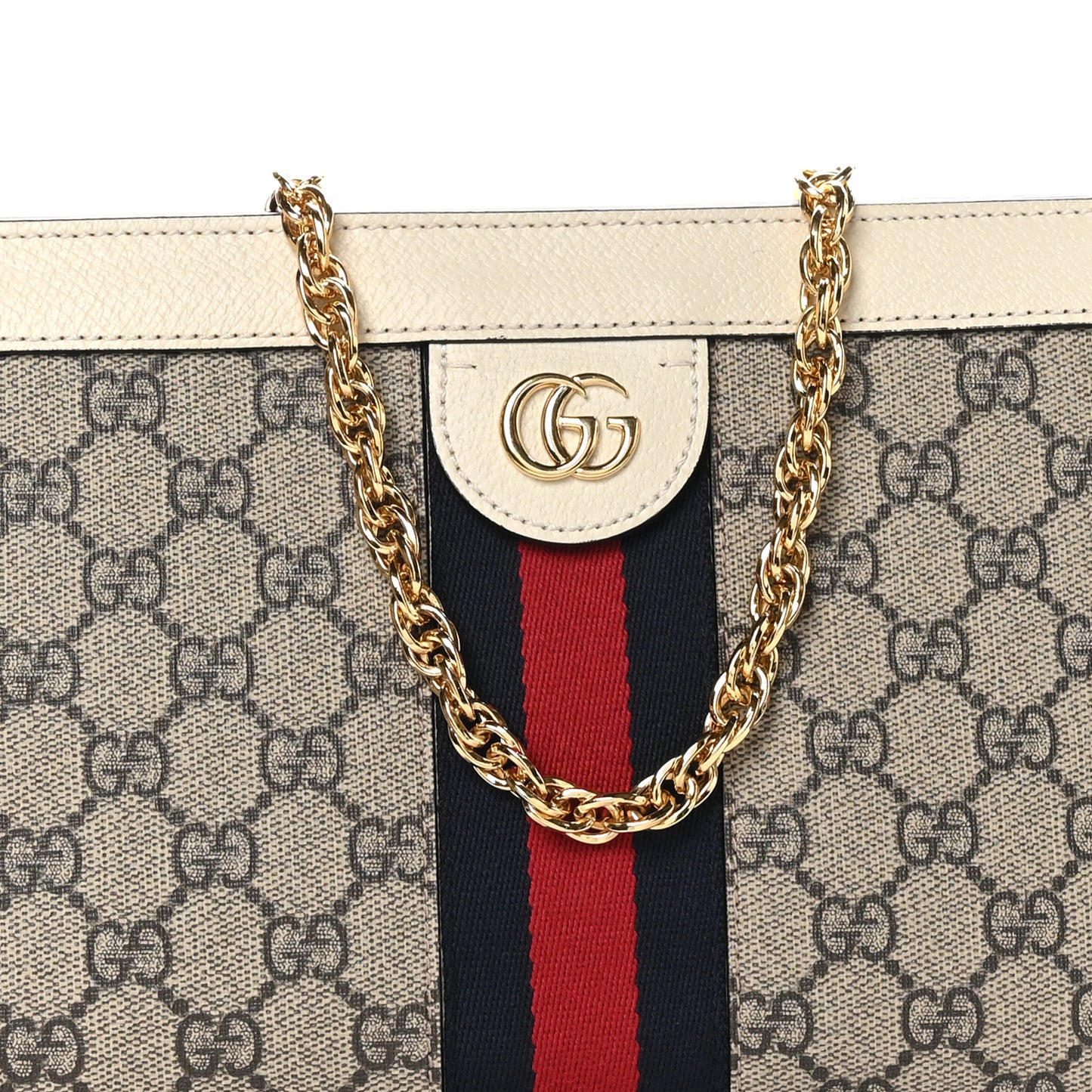 GG Supreme Monogram Textured Calfskin Web Small Ophidia Chain Shoulder Bag Beige Ebony Mystic White