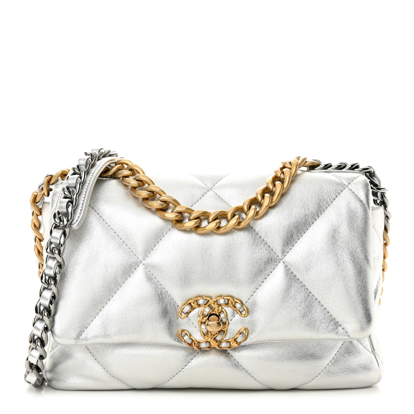 Metallic Goatskin Quilted Medium Chanel 19 Flap Silver