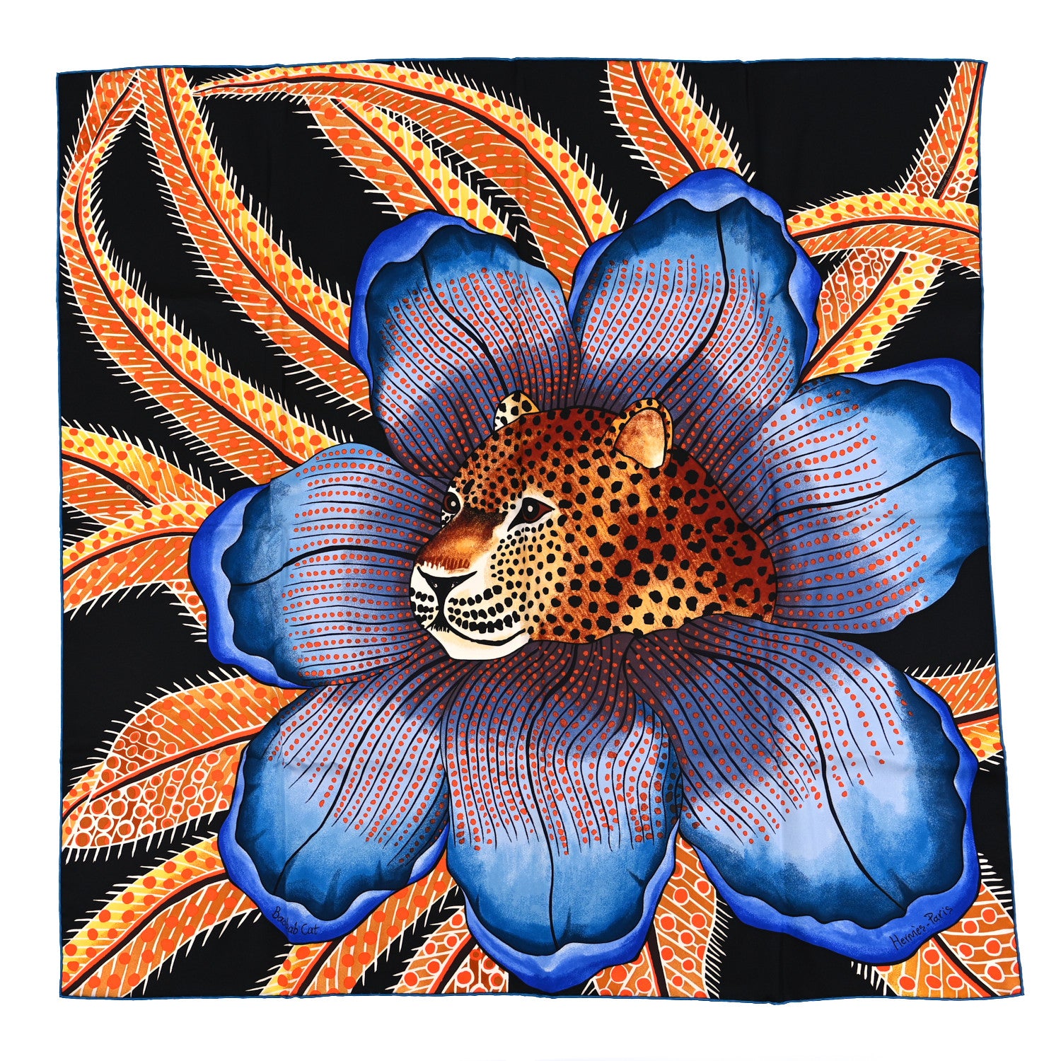 HERMES　カレ90　スカーフ 　BAOBAB CAT シルク100％ Hermes Silk Baobab Cat Scarf 90 Black Jaune Bleu 1425519
