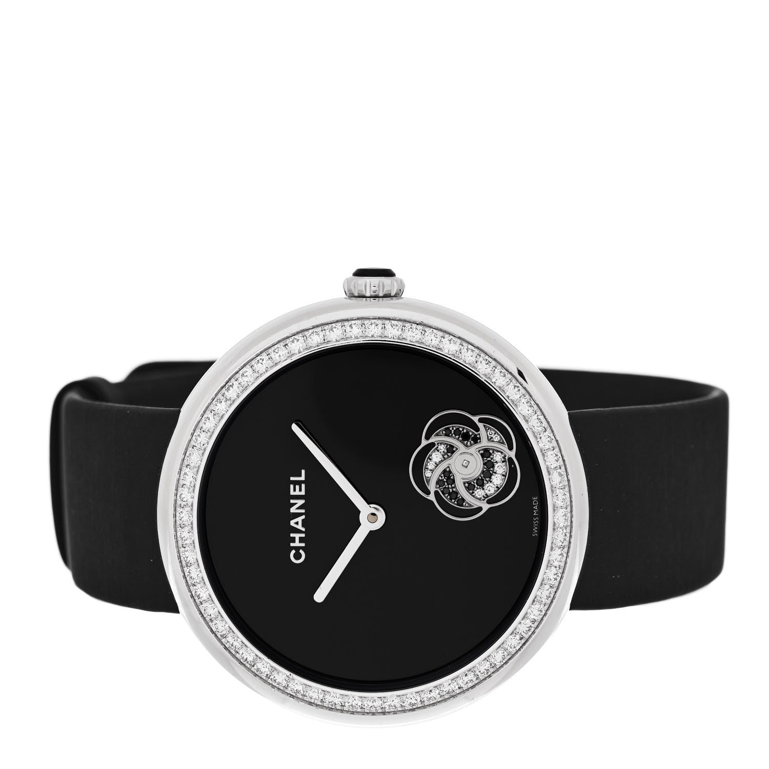 Chanel 18K White Gold Satin Diamond Bezel 37.5mm Mademoiselle Prive Quartz Watch Black 2 of 4