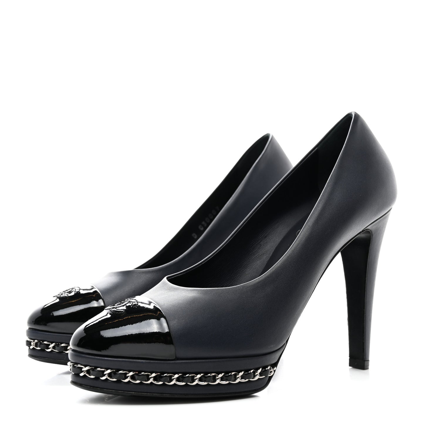 Calfskin Patent CC Cap Toe Platform Chain Pumps 37.5 Navy Black