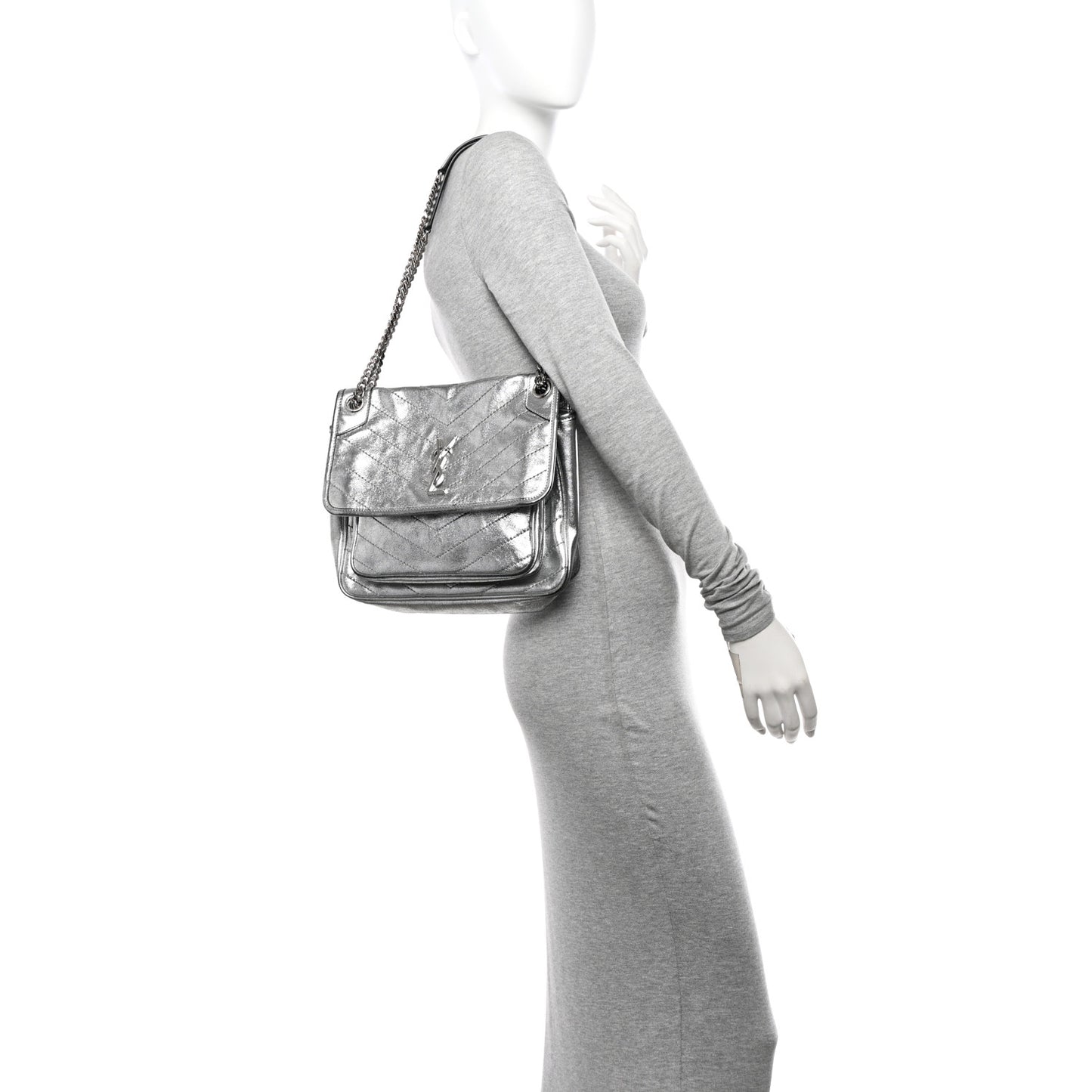 Metallic Lambskin Matelasse Monogram Medium Niki Chain Satchel Argento