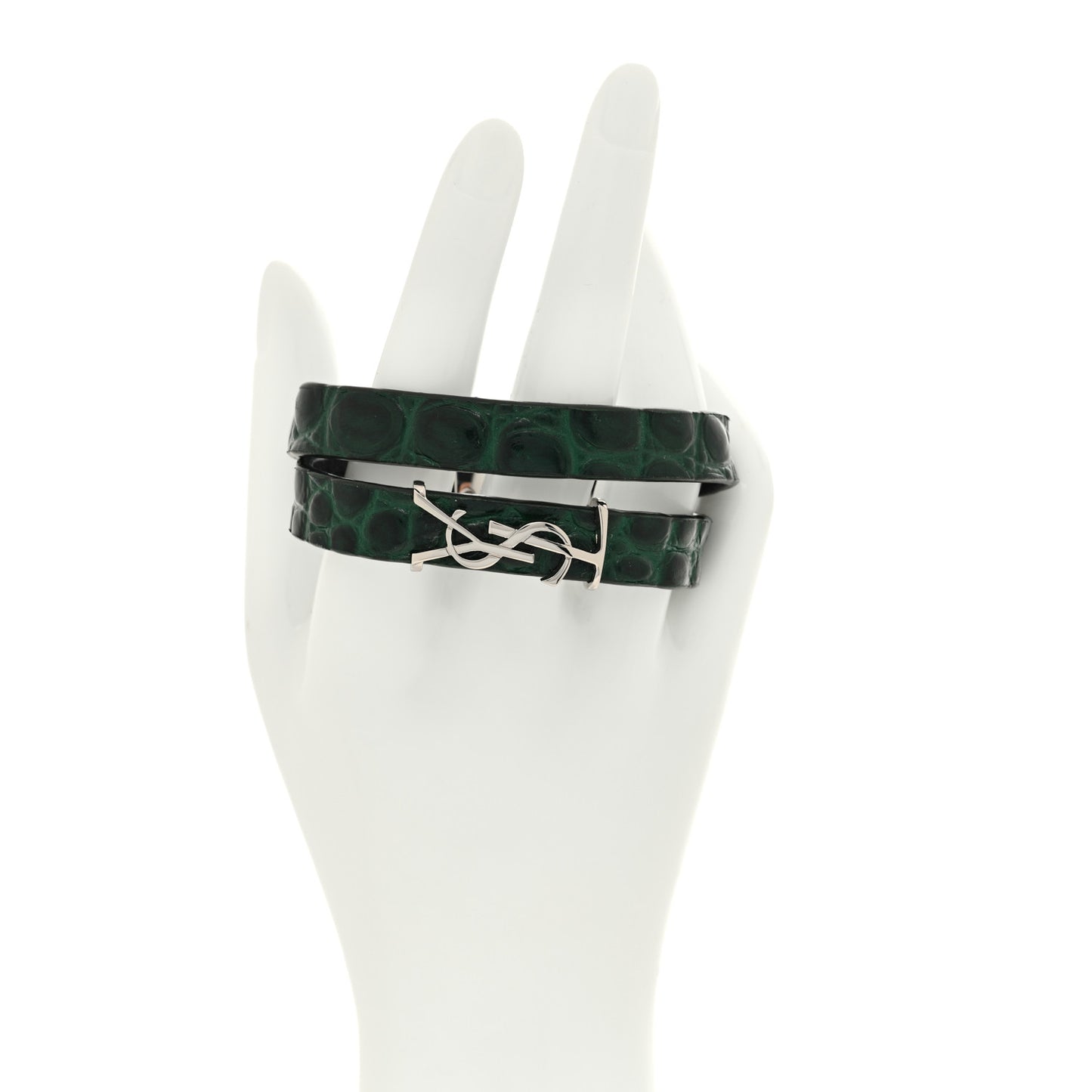 Calfskin Crocodile Embossed Opyum Double Wrap Bracelet M Green