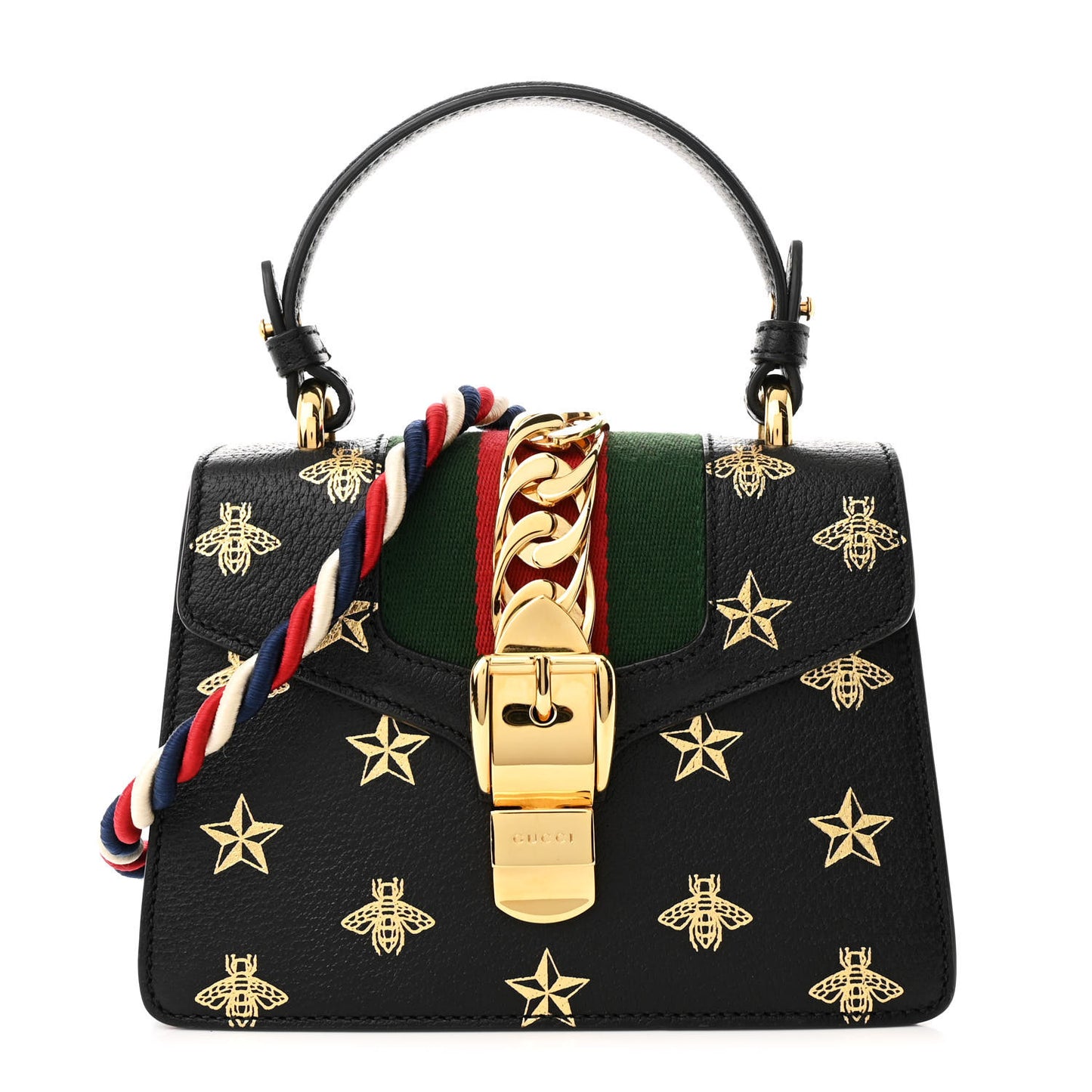 Textured Calfskin Bee Star Print Mini Sylvie Top Handle Bag Black