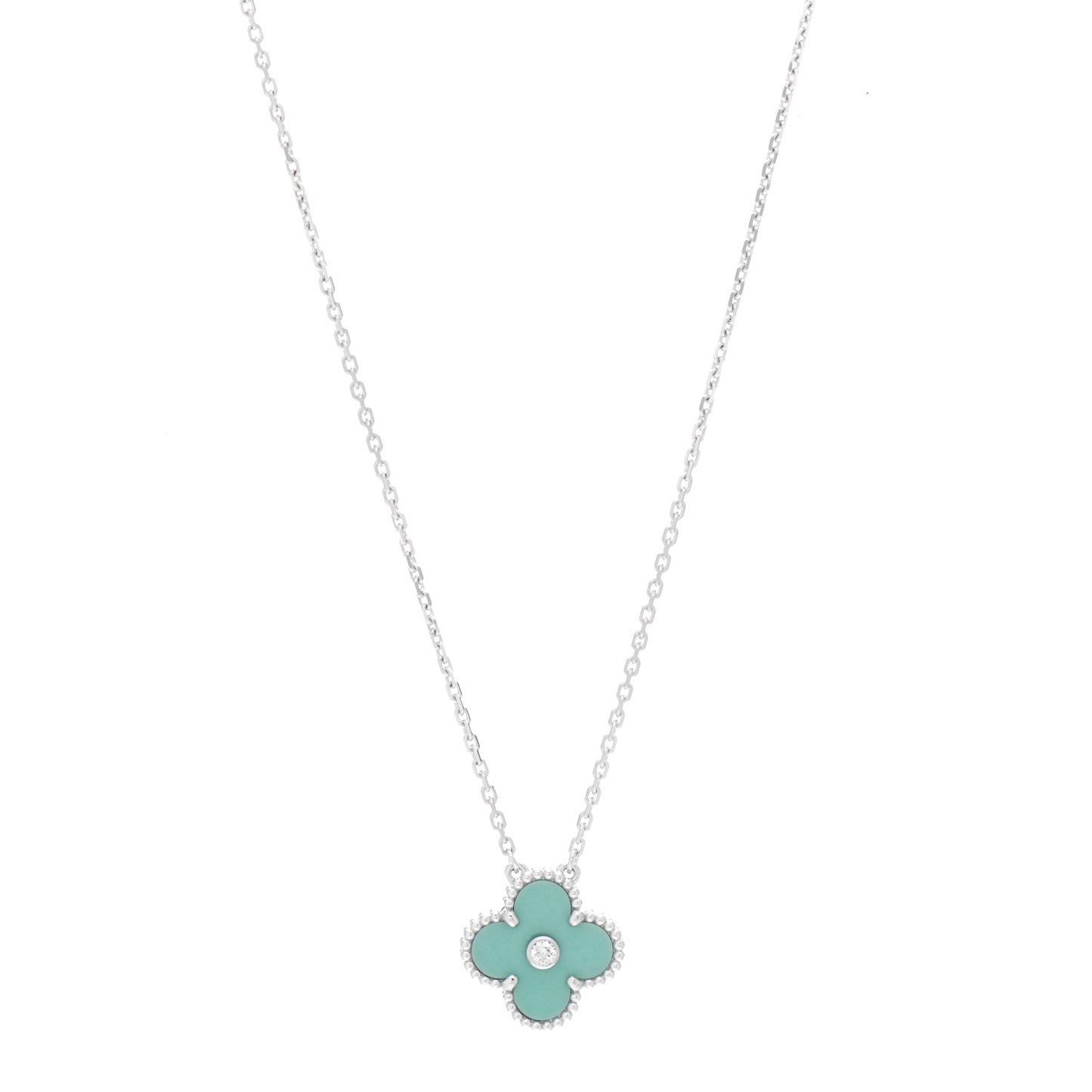 18K White Gold Diamond Celadon Green Sevres Porcelain Vintage Alhambra Pendant Necklace