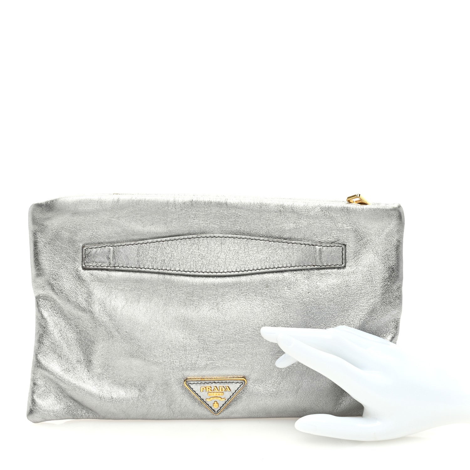 Prada Metallic Nappa Triangle Clutch Silver 2 of 6
