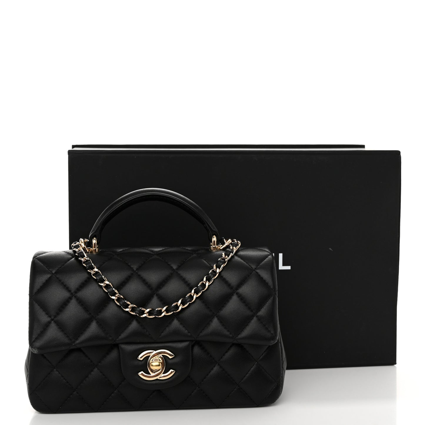 Lambskin Quilted Mini Top Handle Rectangular Flap Black