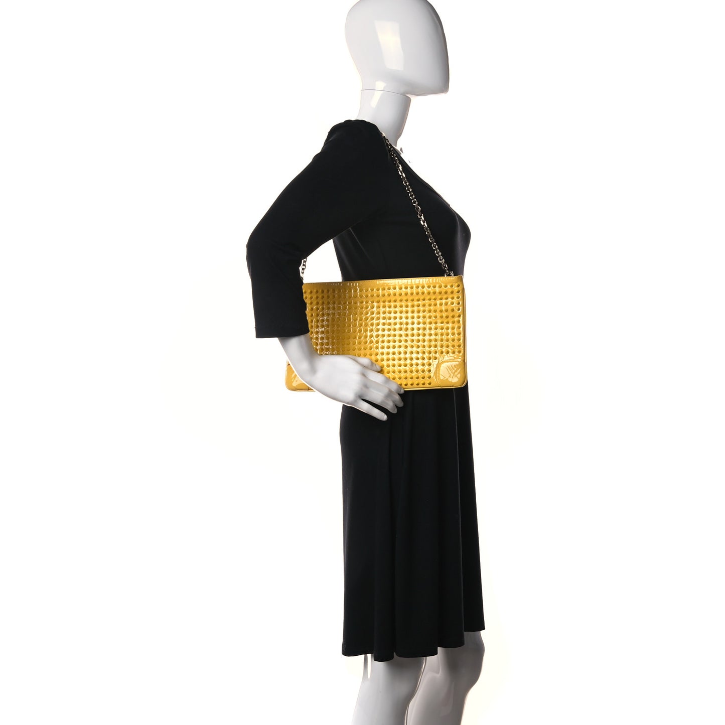 Patent Calfskin Studded Loubiposh Chain Clutch Yellow