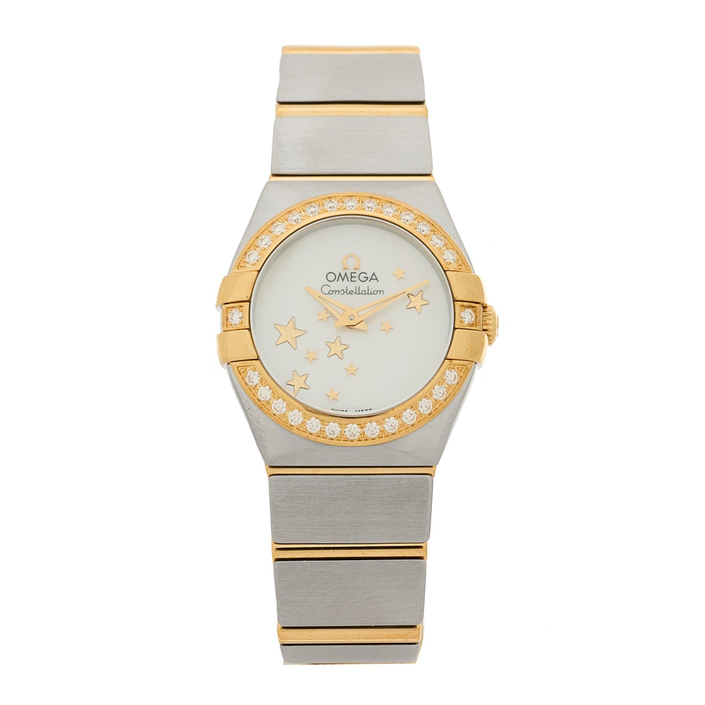Stainless Steel 18K Yellow Gold Diamond Bezel Mother of Pearl 24mm Constellation Quartz Watch 123.25.24.60.05.001
