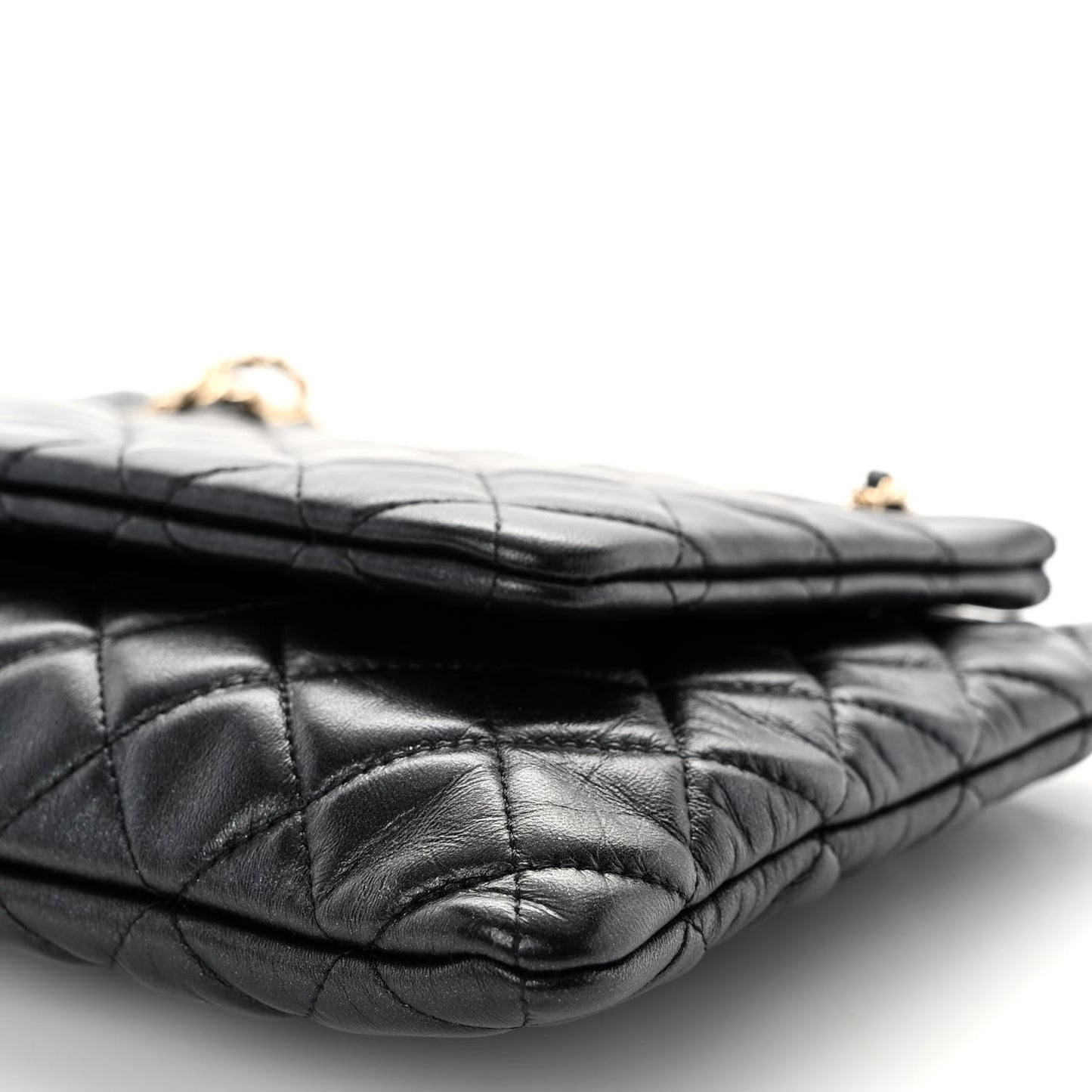 Shiny Lambskin Quilted Medium Double Case With Strap Black