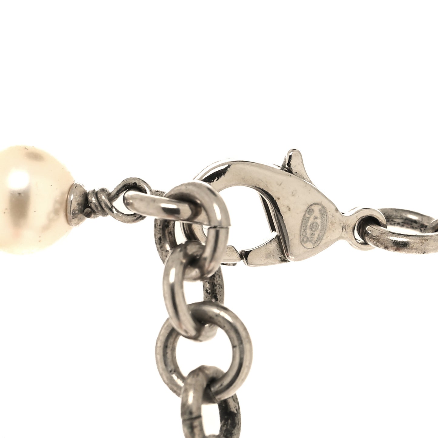 Graduated Pearl Crystal CC Long Necklace Silver