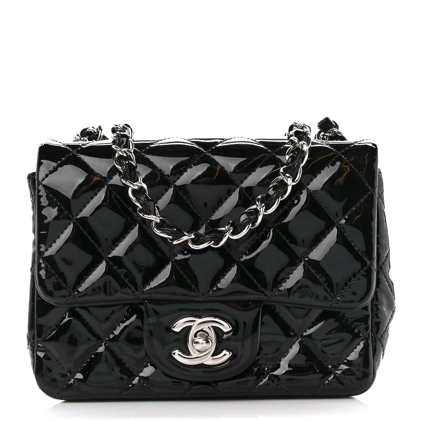 Patent Calfskin Quilted Mini Square Flap Black