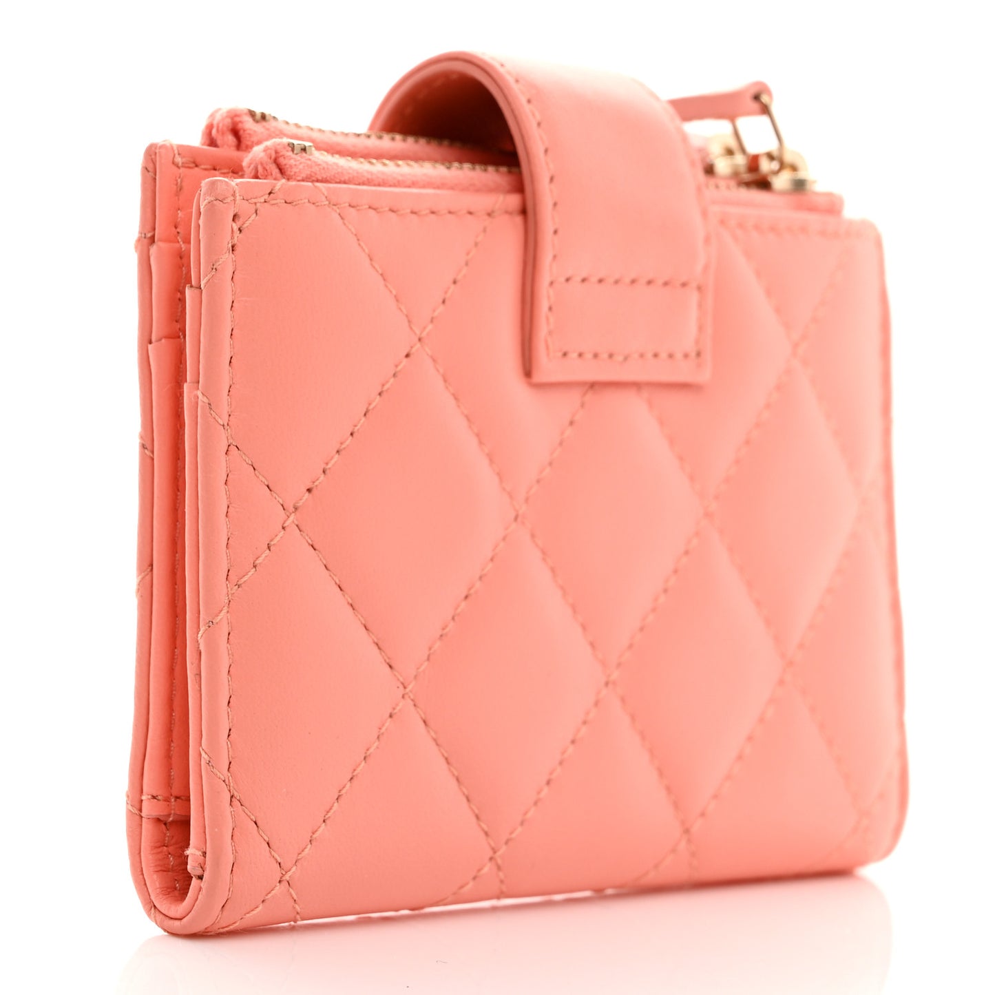 Lambskin Quilted Compact Zipped Pocket Wallet Light Orange