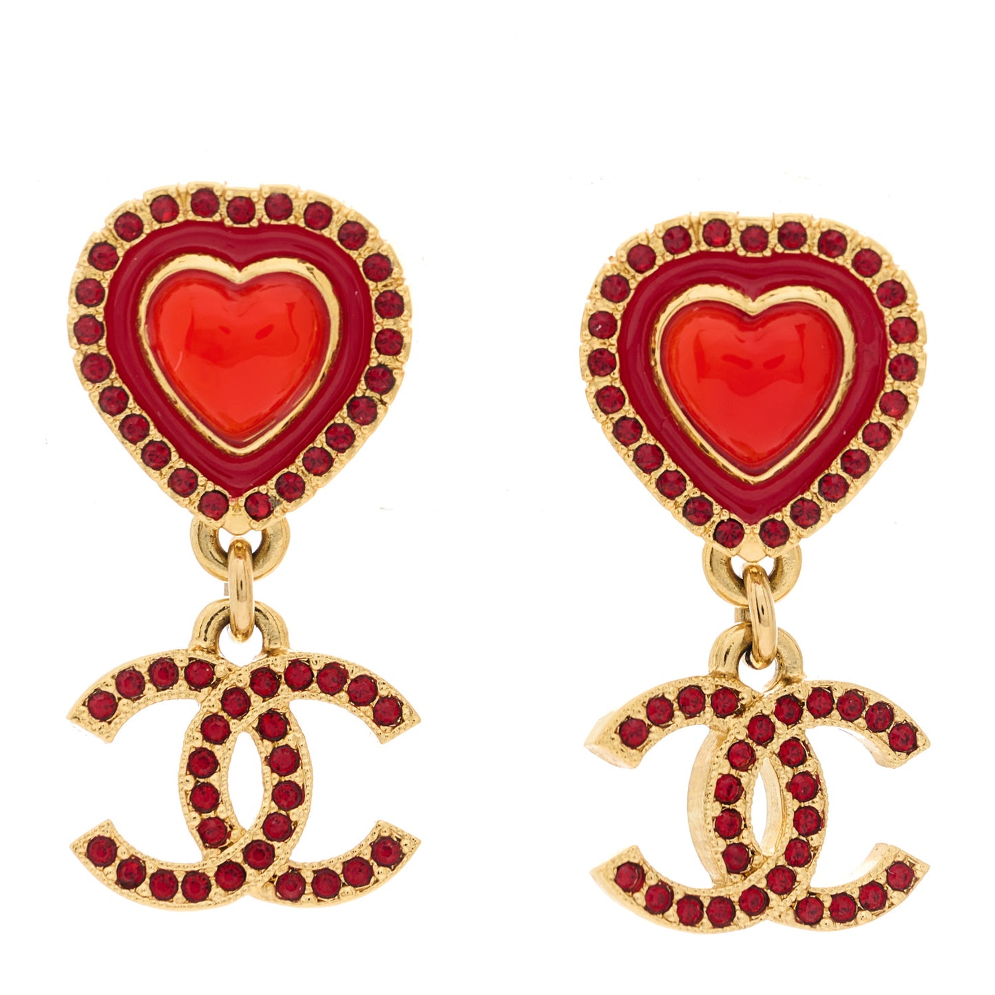 Resin Crystal CC Heart Drop Earrings Red Gold