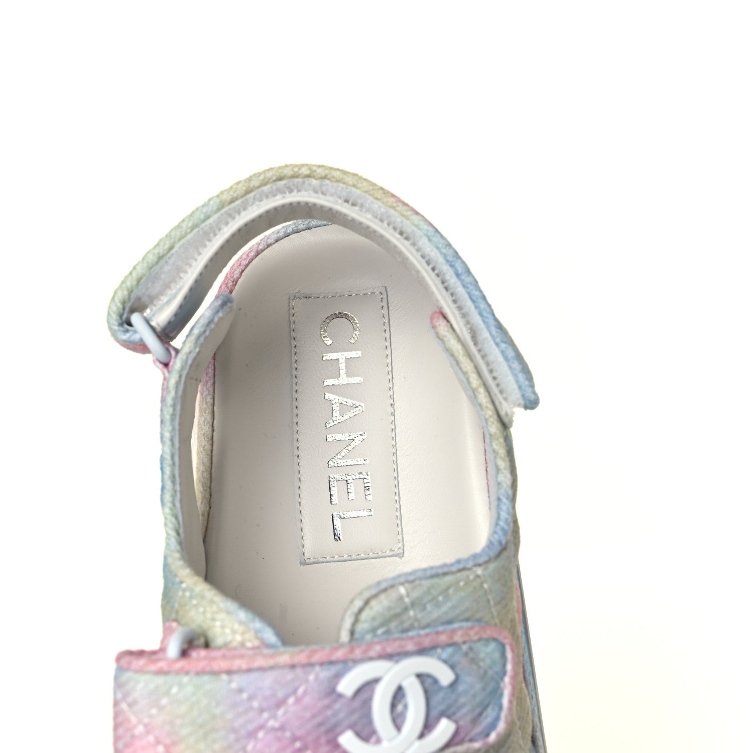 Chanel Printed Fabric Quilted Dad Sandals 38.5 Green Pink Blue 7 of 9