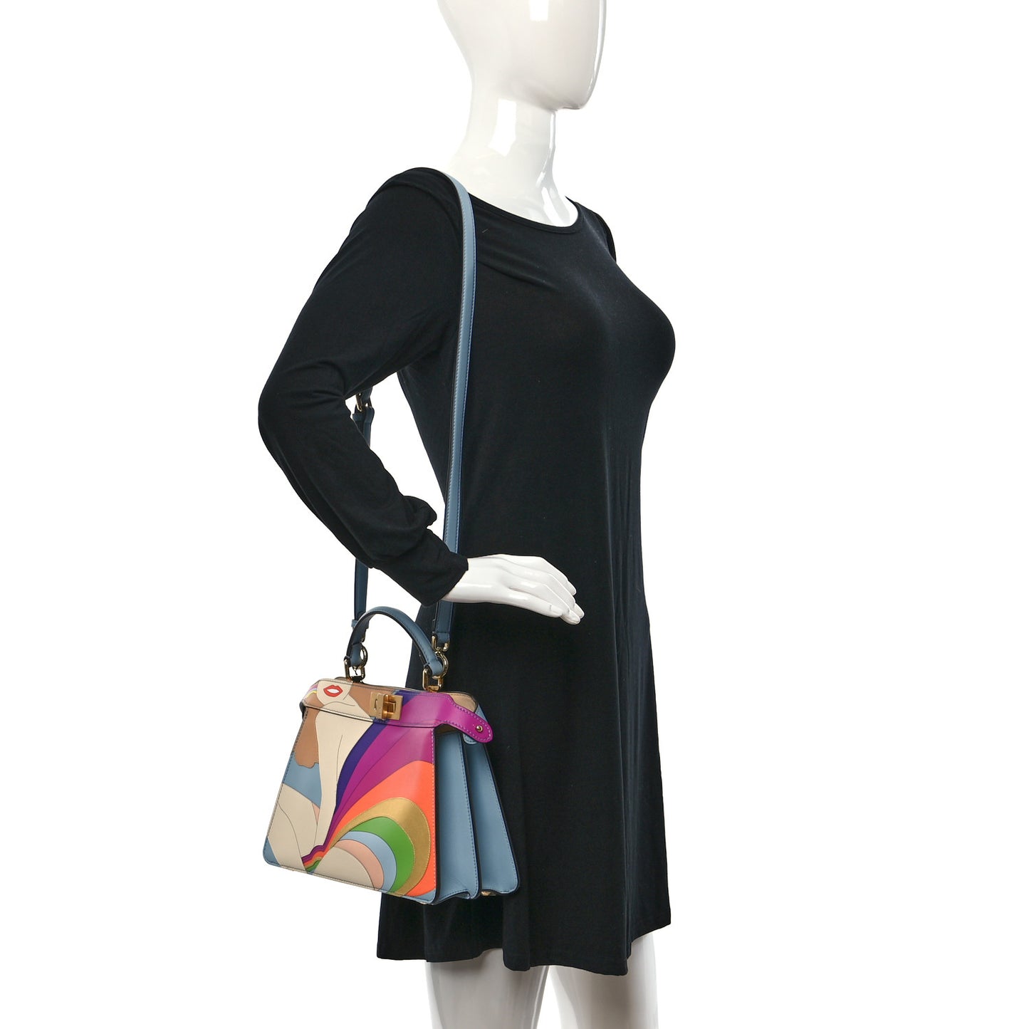 Vitello Seta Nappa Bi-Color Rainbow Girl Inlay Small Peekaboo I SEE U Satchel Azzurro Baby Multicolor