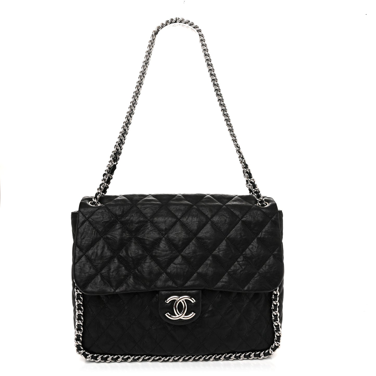 Washed Lambskin Quilted Maxi Chain Around Flap Black