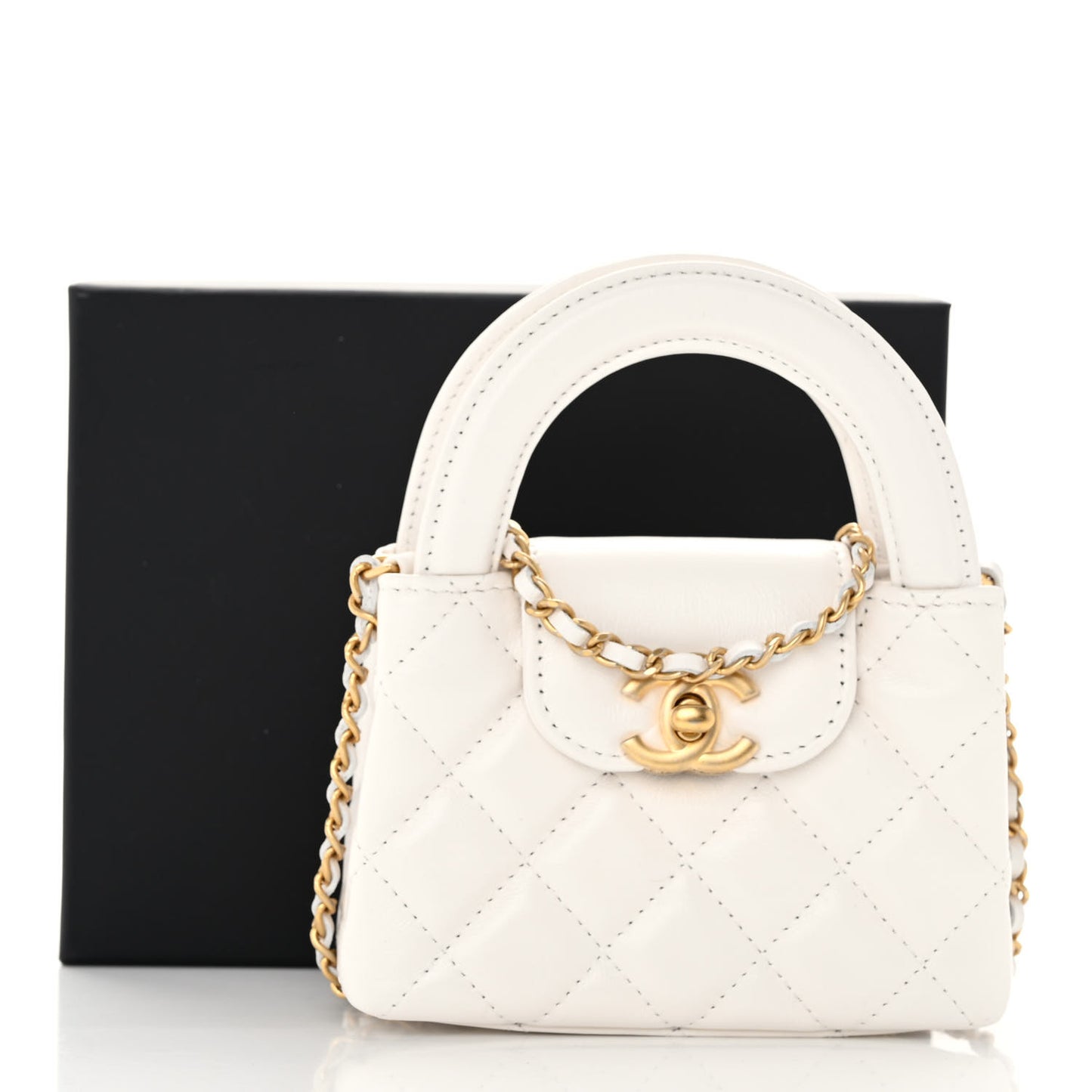 Shiny Aged Calfskin Quilted Mini Nano Kelly Shopper White