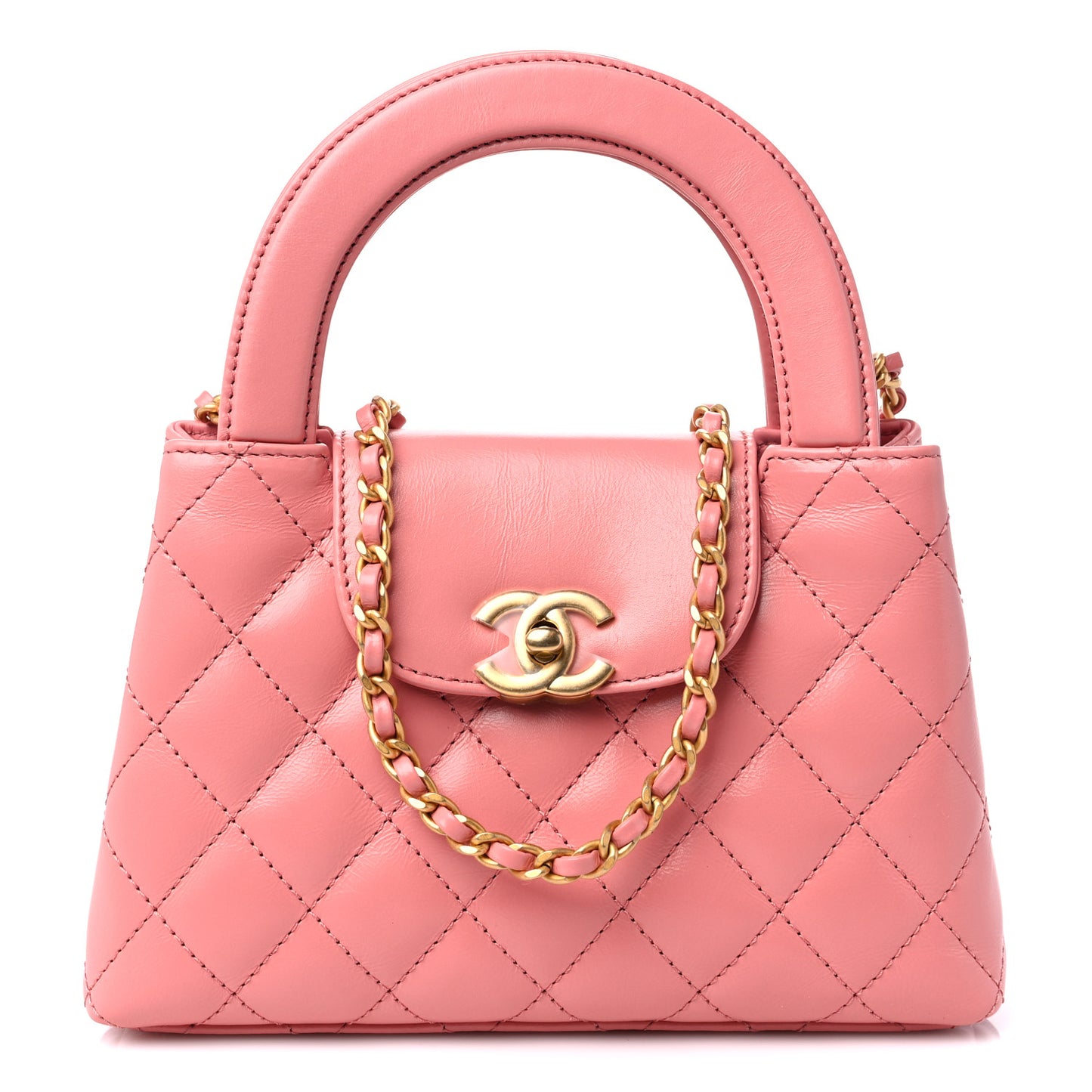 Shiny Aged Calfskin Quilted Nano Kelly Shopper Coral Pink