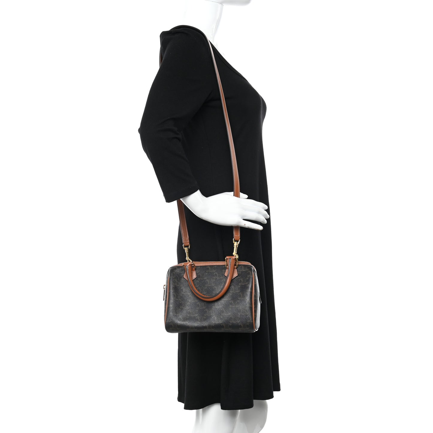 Triomphe Canvas Calfskin Small Boston Bag Tan
