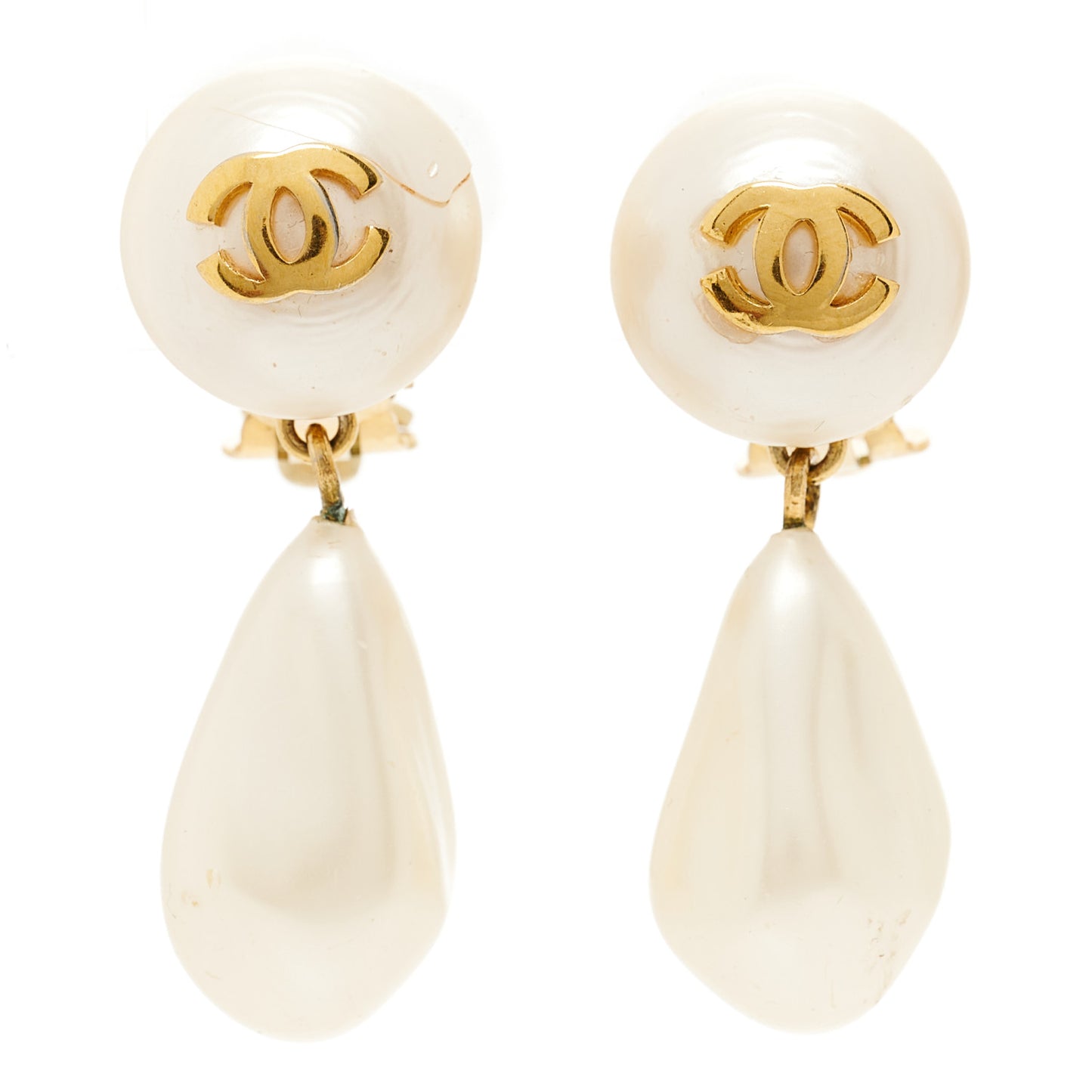 Pearl CC Drop Clip On Earrings Gold