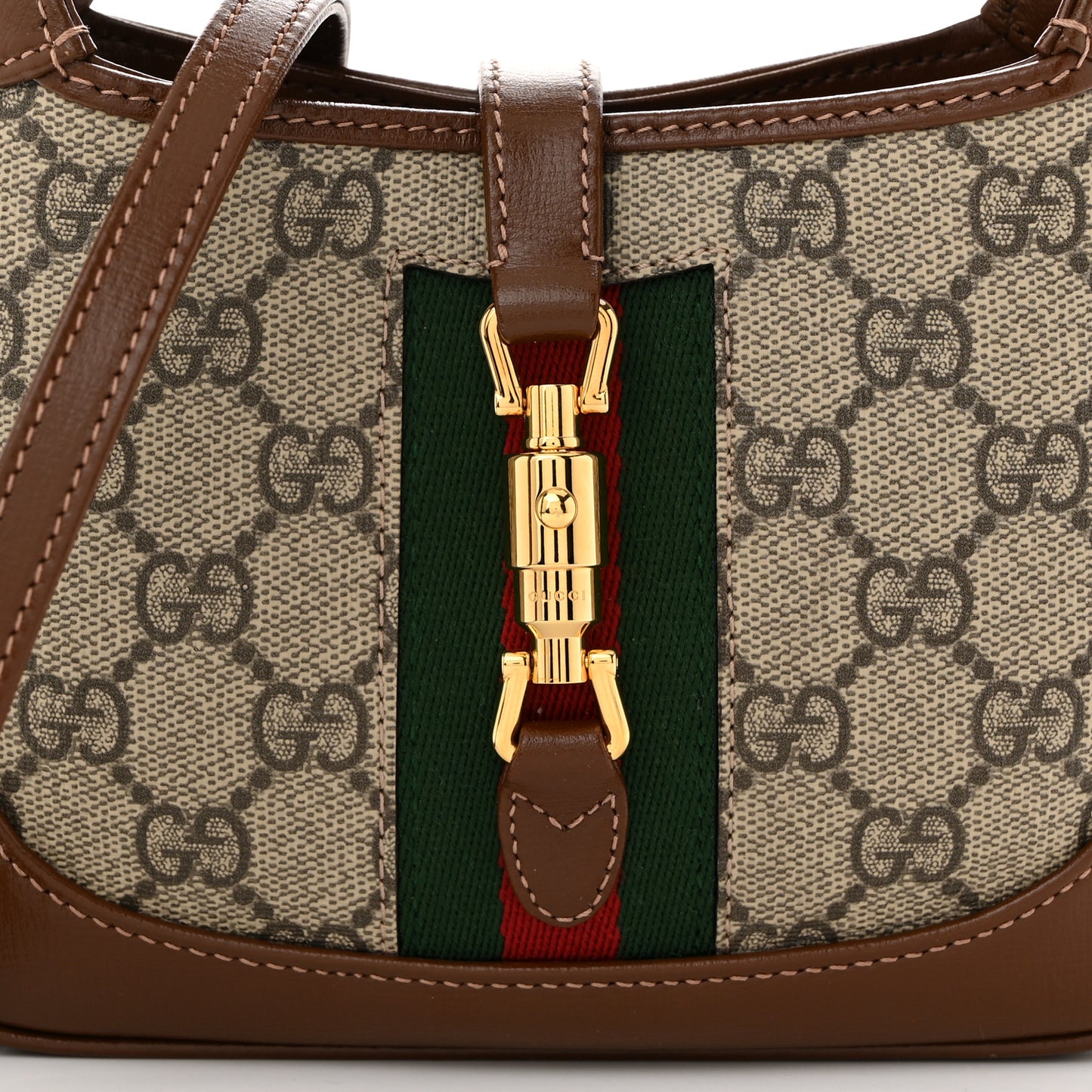 GG Supreme Monogram Azalea Calfskin Web Mini Jackie 1961 Hobo Beige Ebony Brown Sugar