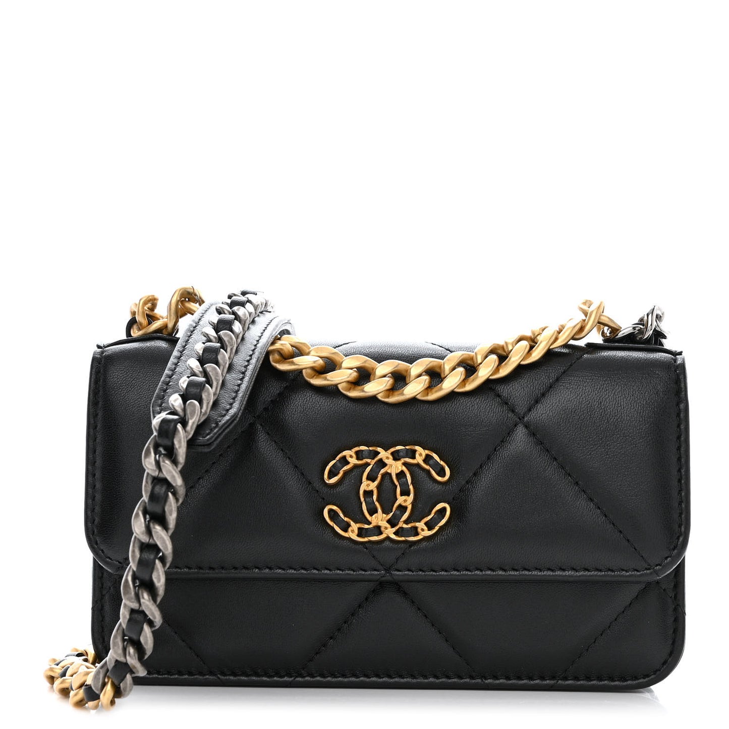 Lambskin Quilted Chanel 19 Flap Phone Holder With Chain Black