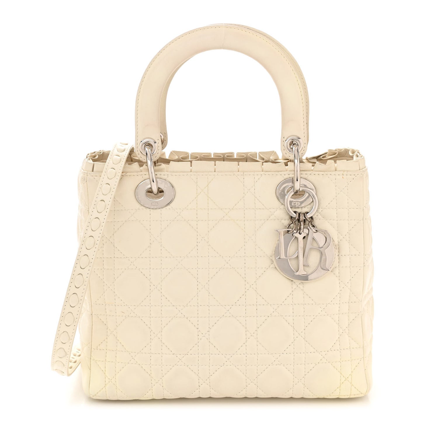 Lambskin Cannage Ruffle Trim Medium Lady Dior Off White