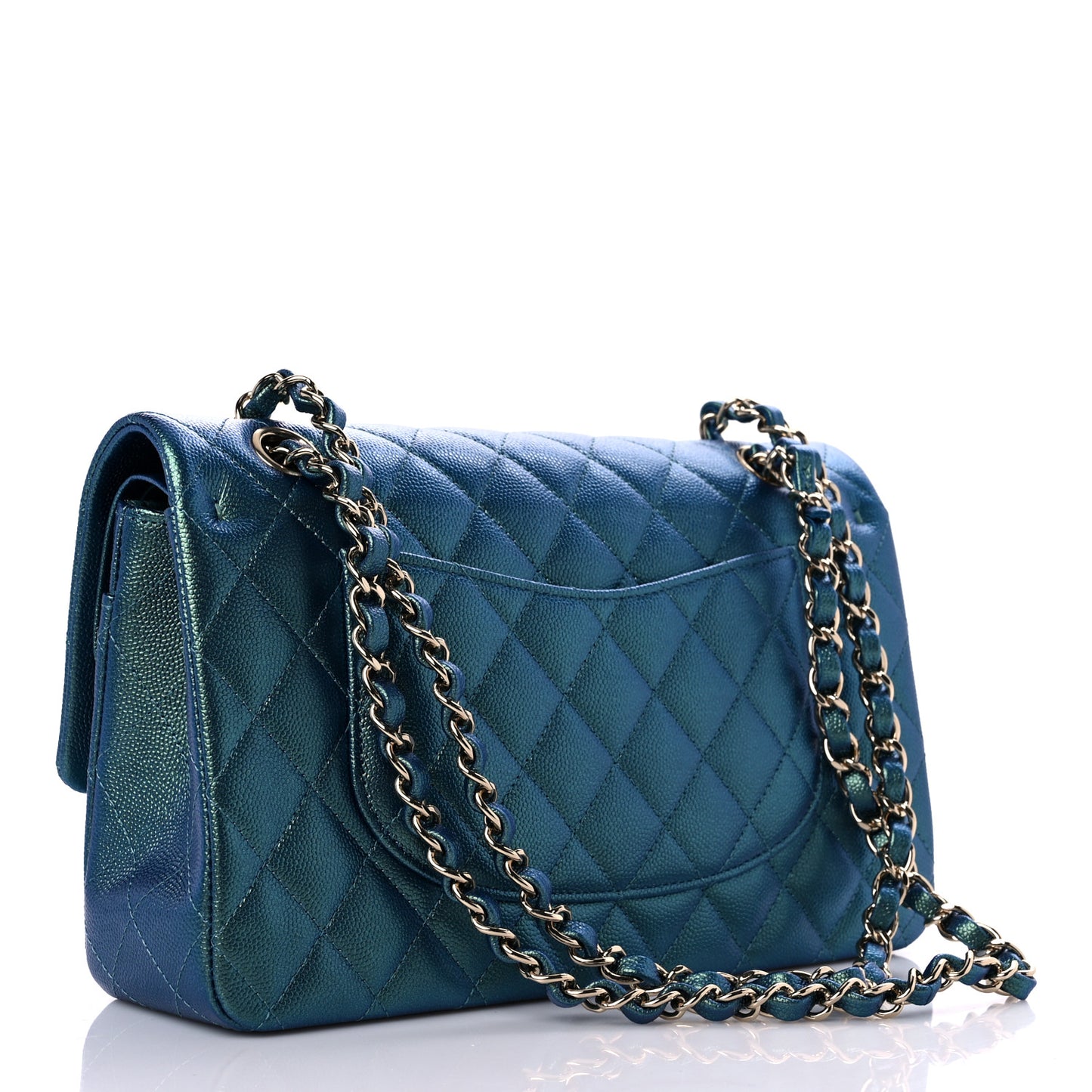 Iridescent Caviar Quilted Medium Double Flap Green