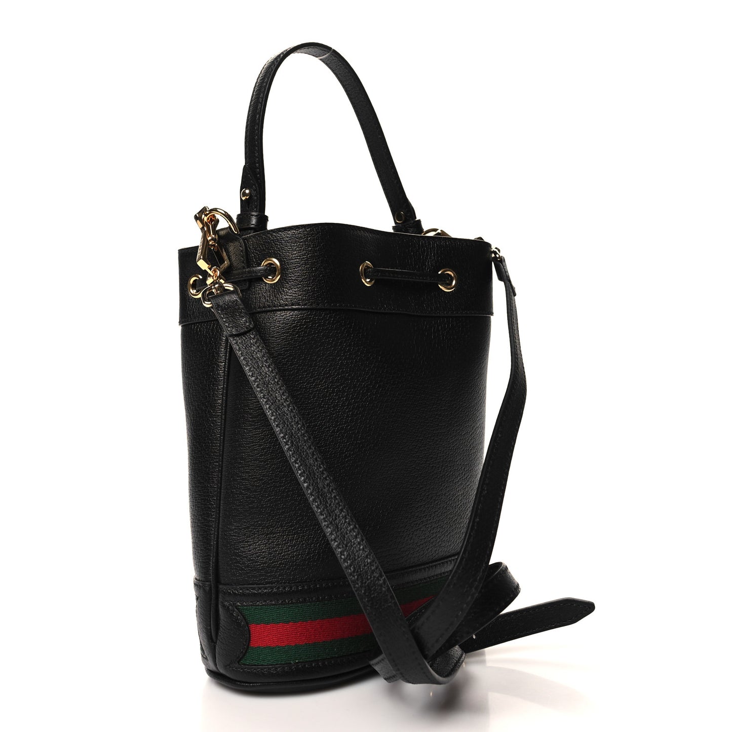 Glazed Textured Calfskin Web Small Ophidia Bucket Bag Black