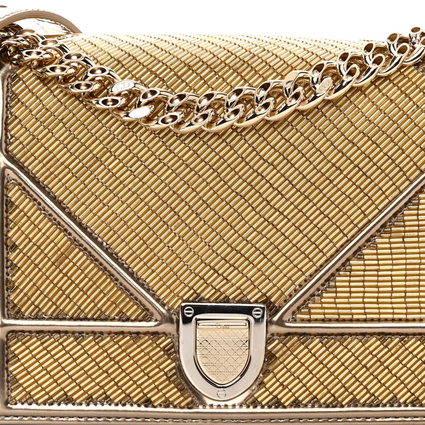 Metallic Calfskin Beaded Small Diorama Flap Bag Gold