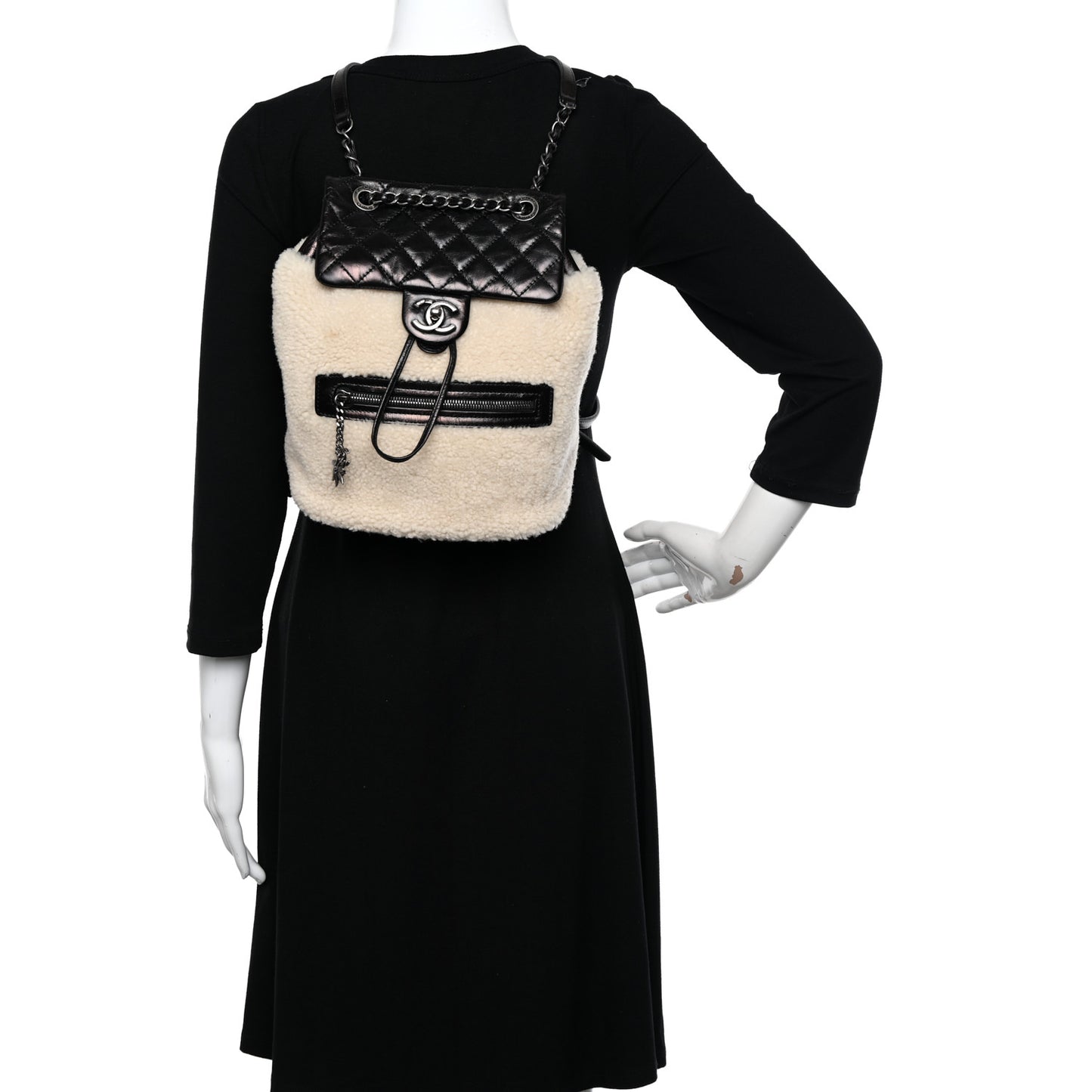 Glazed Calfskin Shearling Quilted Small Mountain Backpack Black Ivory